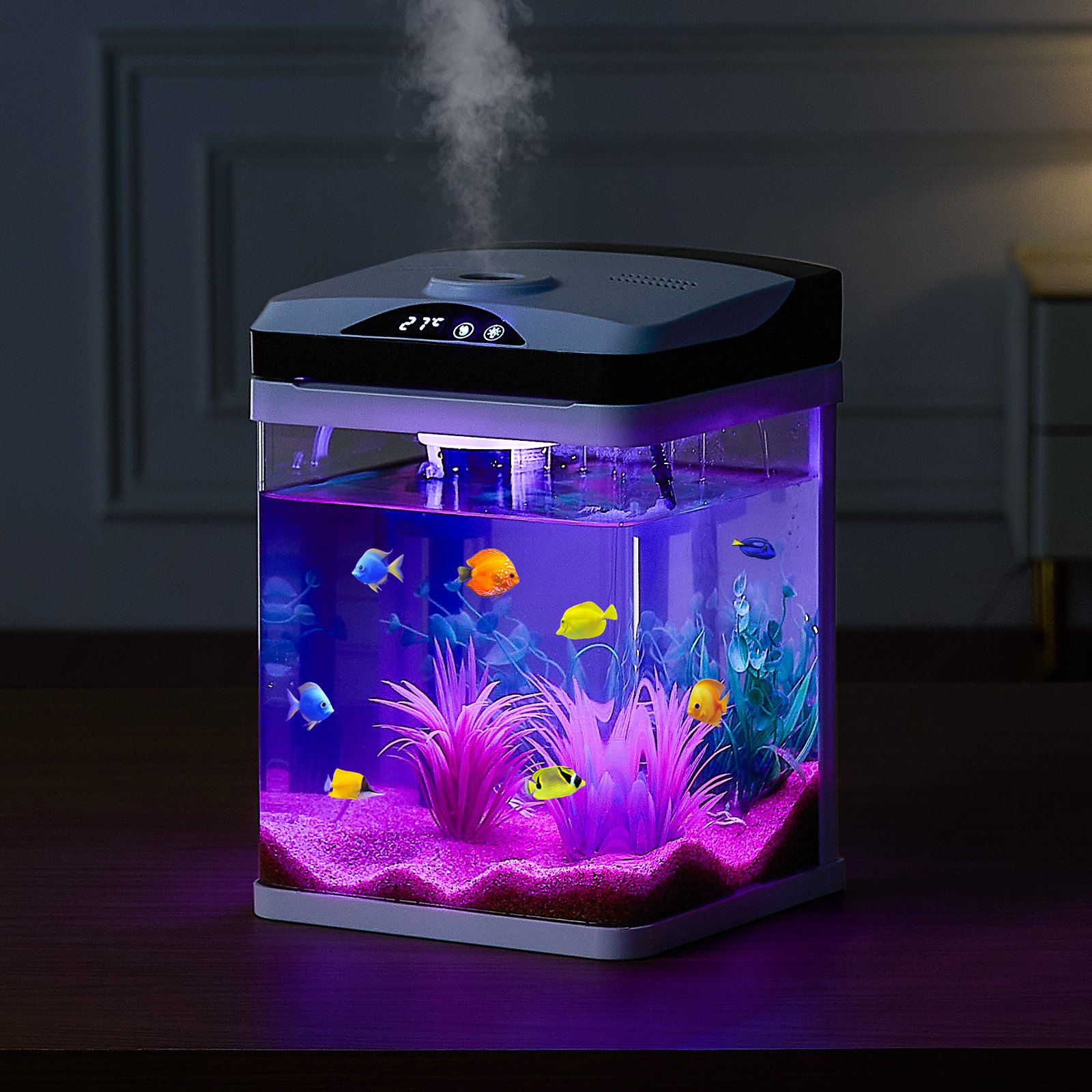 Acuario de 2 Galones Pecera Inteligente Cuadrada de Vidrio Transparente con LED 7 Colores y Autolimpieza — imagen 1