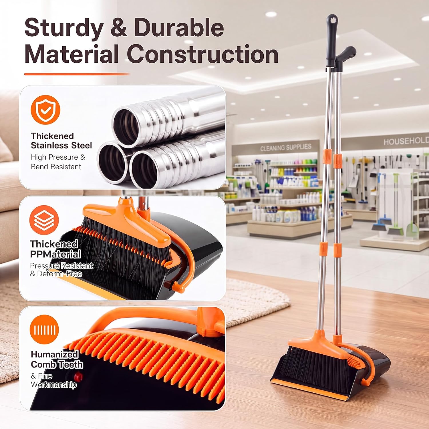 Broom And Dustpan Set, 54.33 Inches Long Handle, Upright Dustpan With Lightweight Stainless Steel Rod, Upright Dustpan, Suitable For Various Scenarios Such As Kitchen, Office And Cleaning Pet Dog Hair — image 4