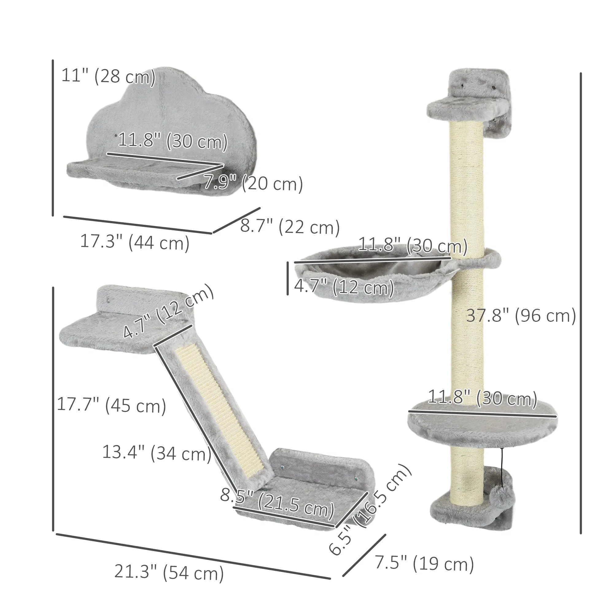 3PCs Cat Shelves with Hammock, Scratching Posts, Platforms, Grey — image 5