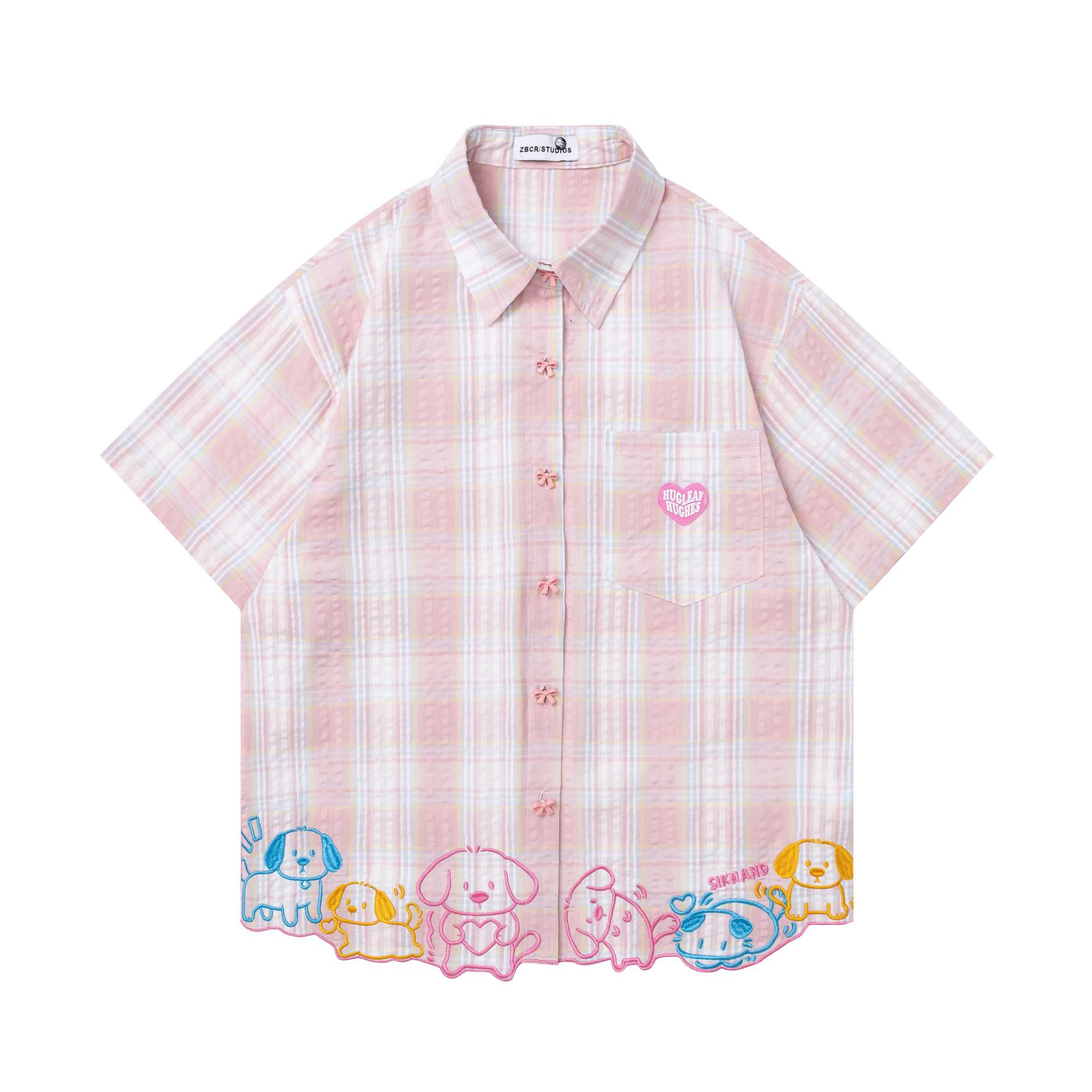 Small dog embroidered checkered short sleeved shirt — image 1