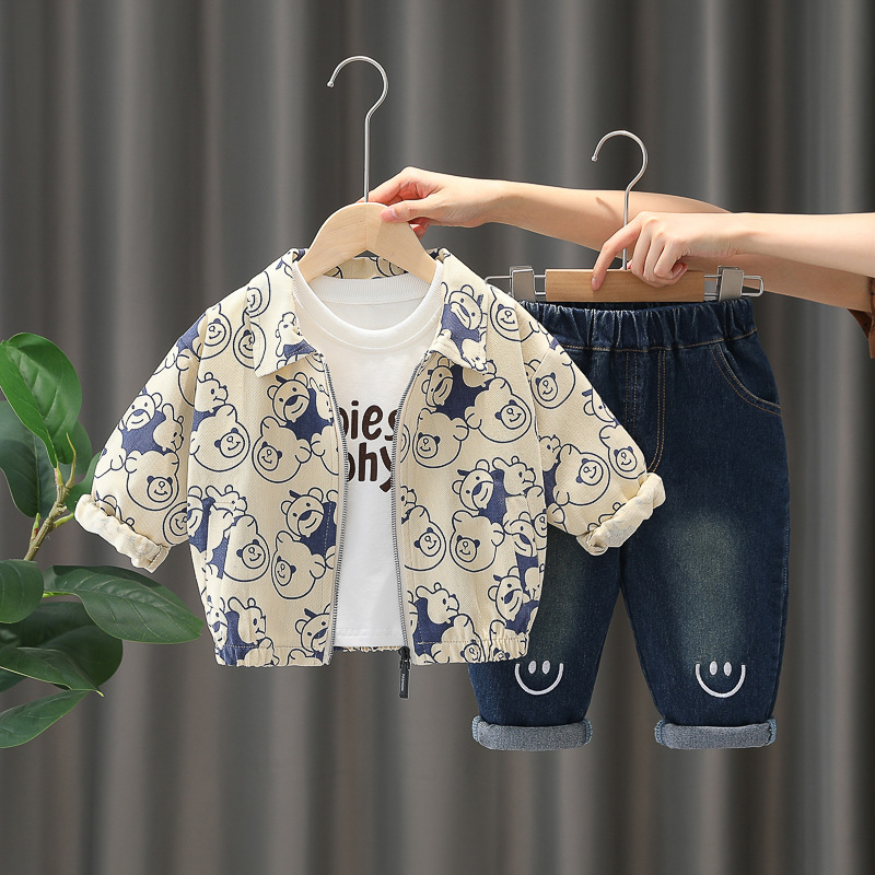 Unisex Toddler All-Over Bear Print Zip-Up Jacket and Pants 3-Piece Set 0-4 Years Spring Autumn Kids Clothing — image 1