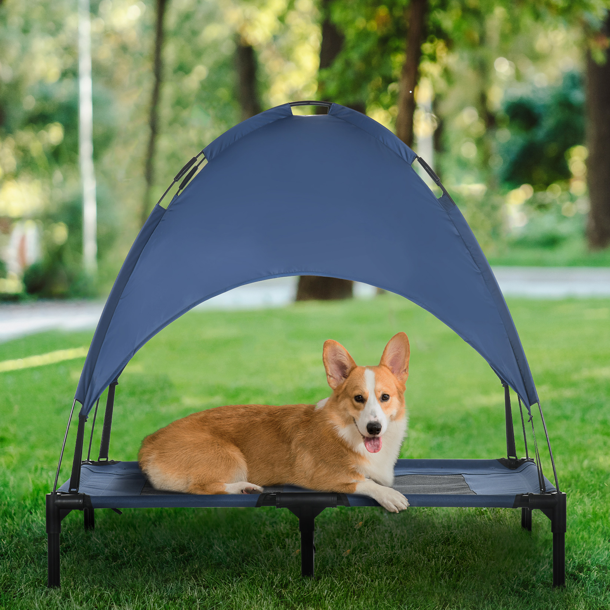 Cama Elevada Portátil para Perros con Sombrilla de Protección UV, 36 pulgadas, Azul Oscuro — imagen 8