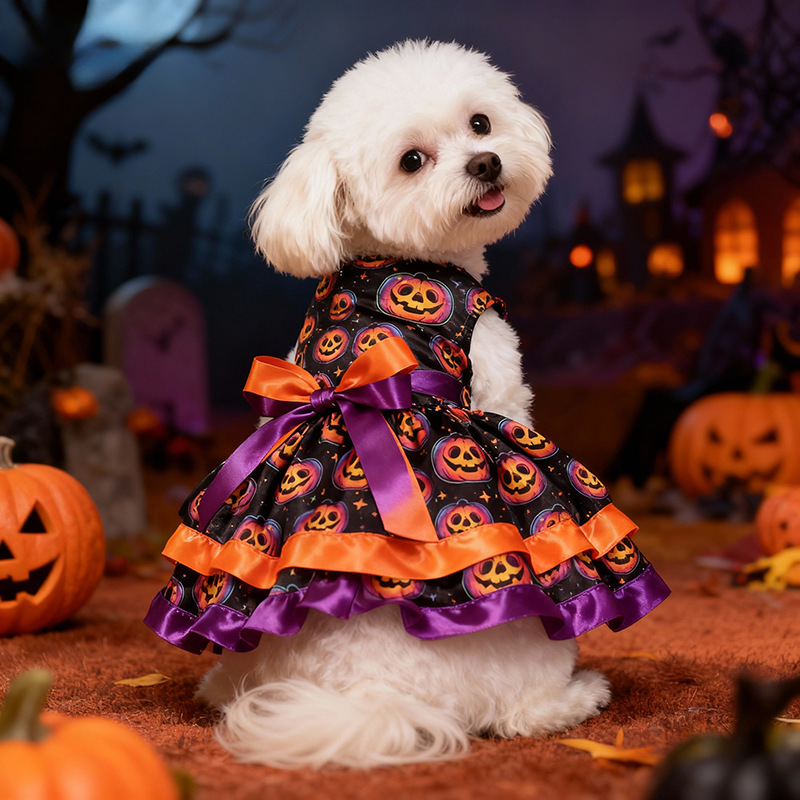 Pet Clothes Dog Halloween Pumpkin Colorful Skull Halloween Party Dress Double Layer Bow Skirt — image 3