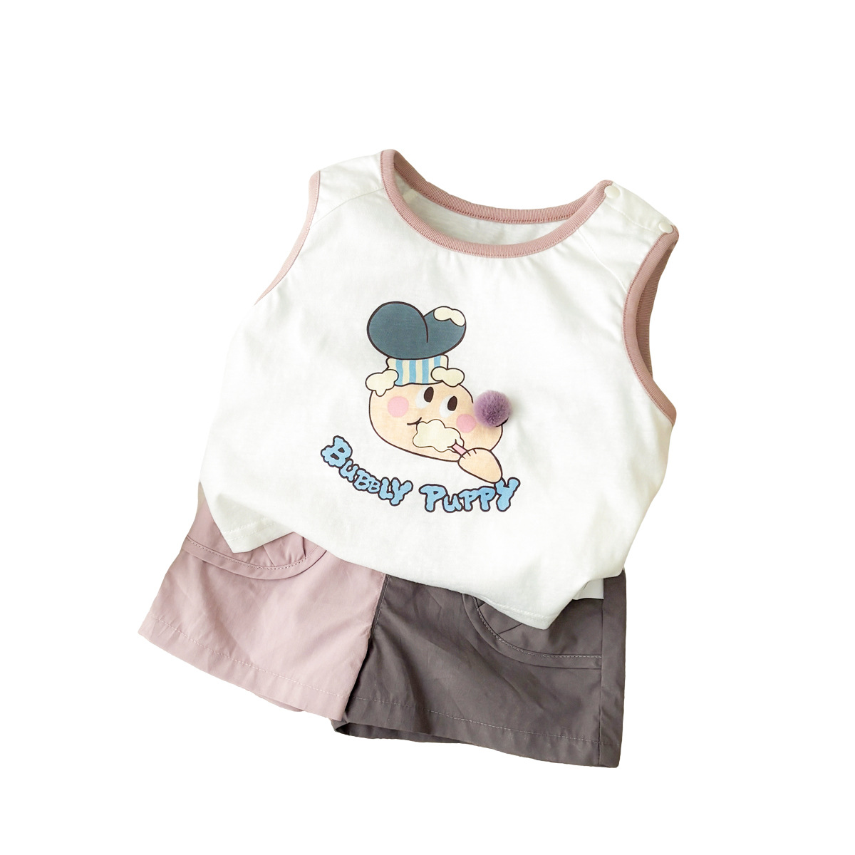 Stylish Dog Print Color-Blocked Shorts, Lightweight Short Sleeve Clothes for Kids, Casual Summer Wear — image 1