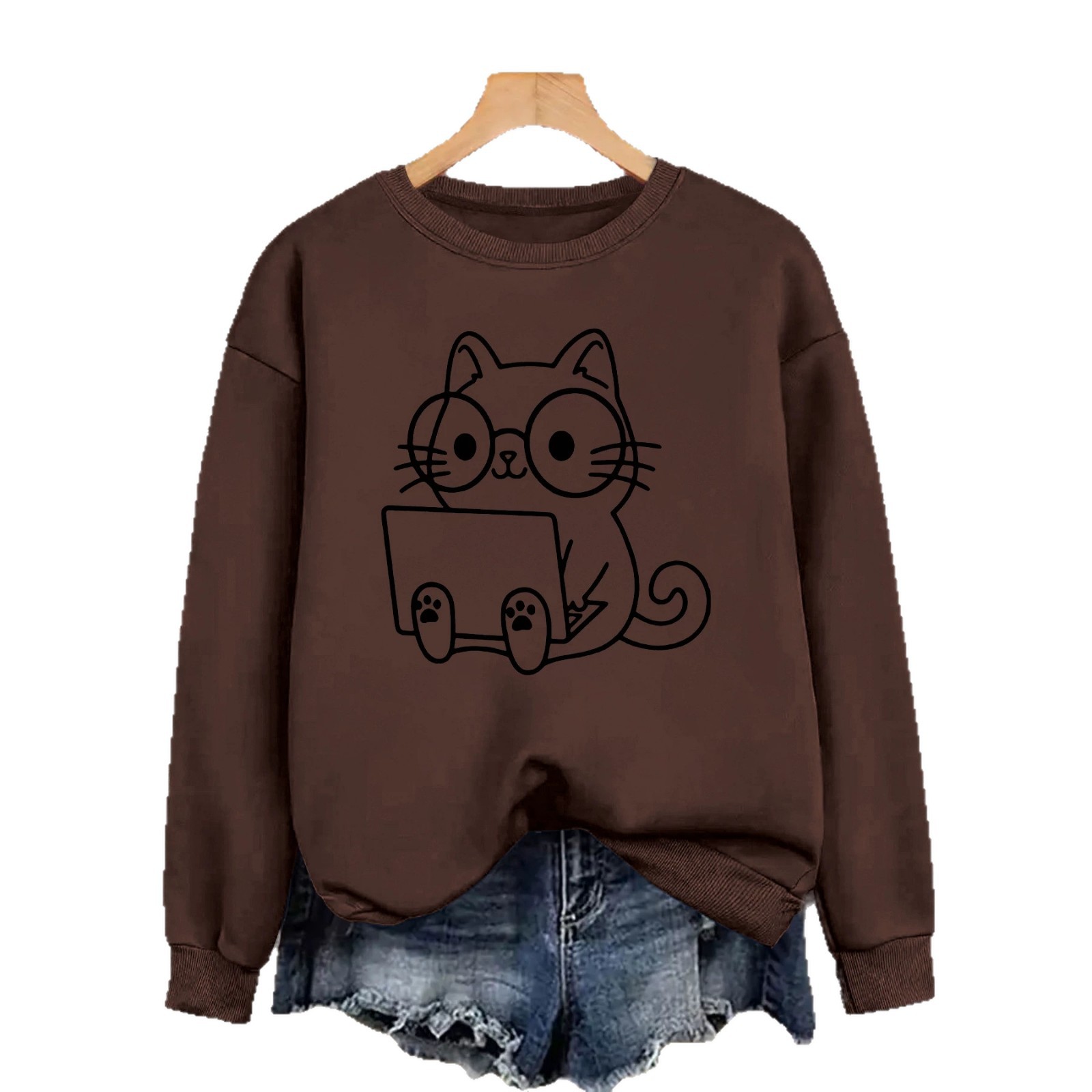 Loose velvet cartoon cat print hoodie — image 1
