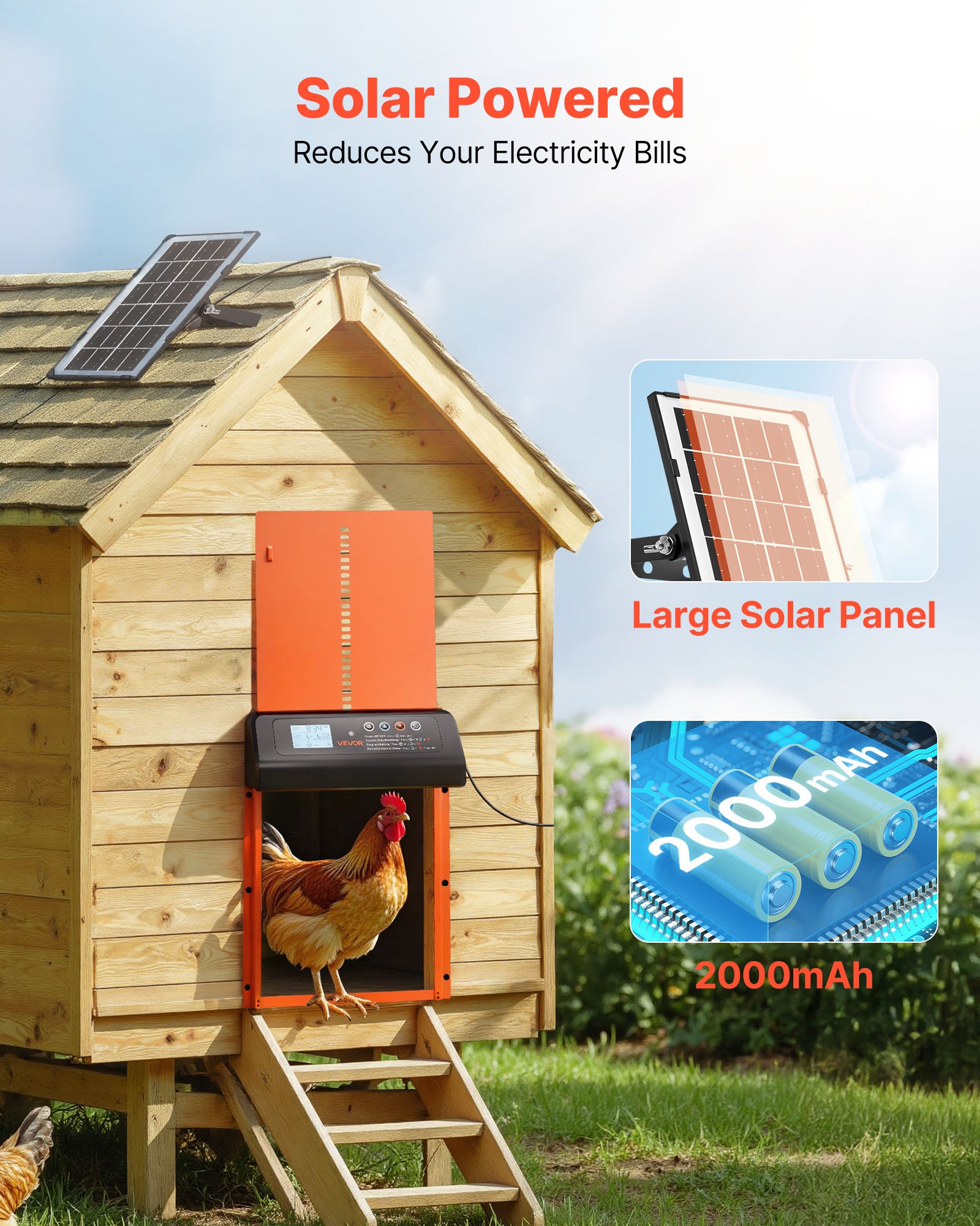 Puerta Automática para Gallineros con Energía Solar y Batería, Pantalla LCD, Control Remoto, Sensor de Luz y Programador, Protección Antiderrame, Puerta de Corral para Pollos de Aluminio, Naranja — imagen 2