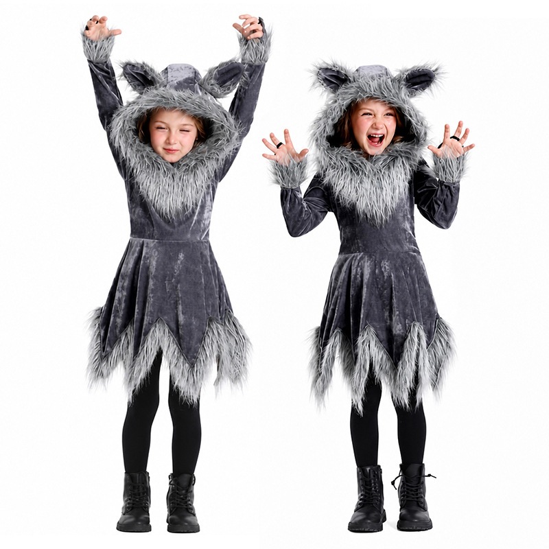 Family Wolf Costume Dress for Adults and Kids, Gray Werewolf Cosplay Outfit for Halloween Stage Animal Performance — image 6