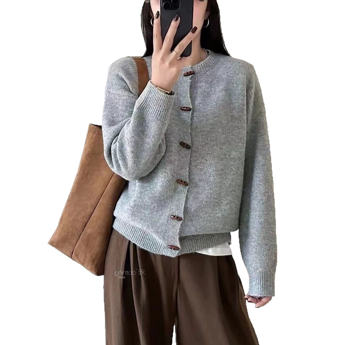 Lazy sweater women's short jacket round neck cow horn button jacket — image 6