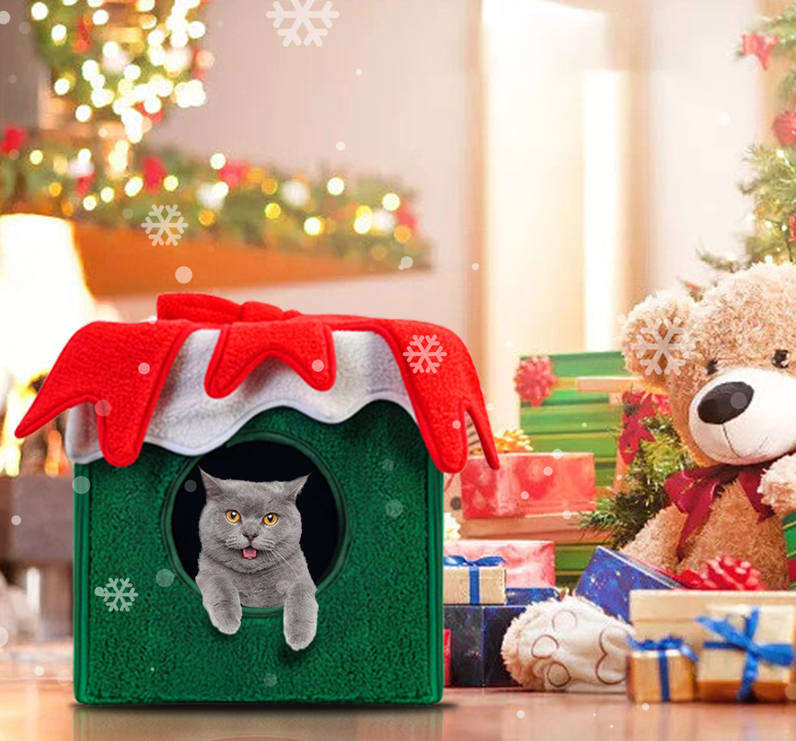 Caja Regalo de Navidad Desmontable para Limpieza de Gatos con Manta Plush Grande Espacio para Dormir — imagen 1