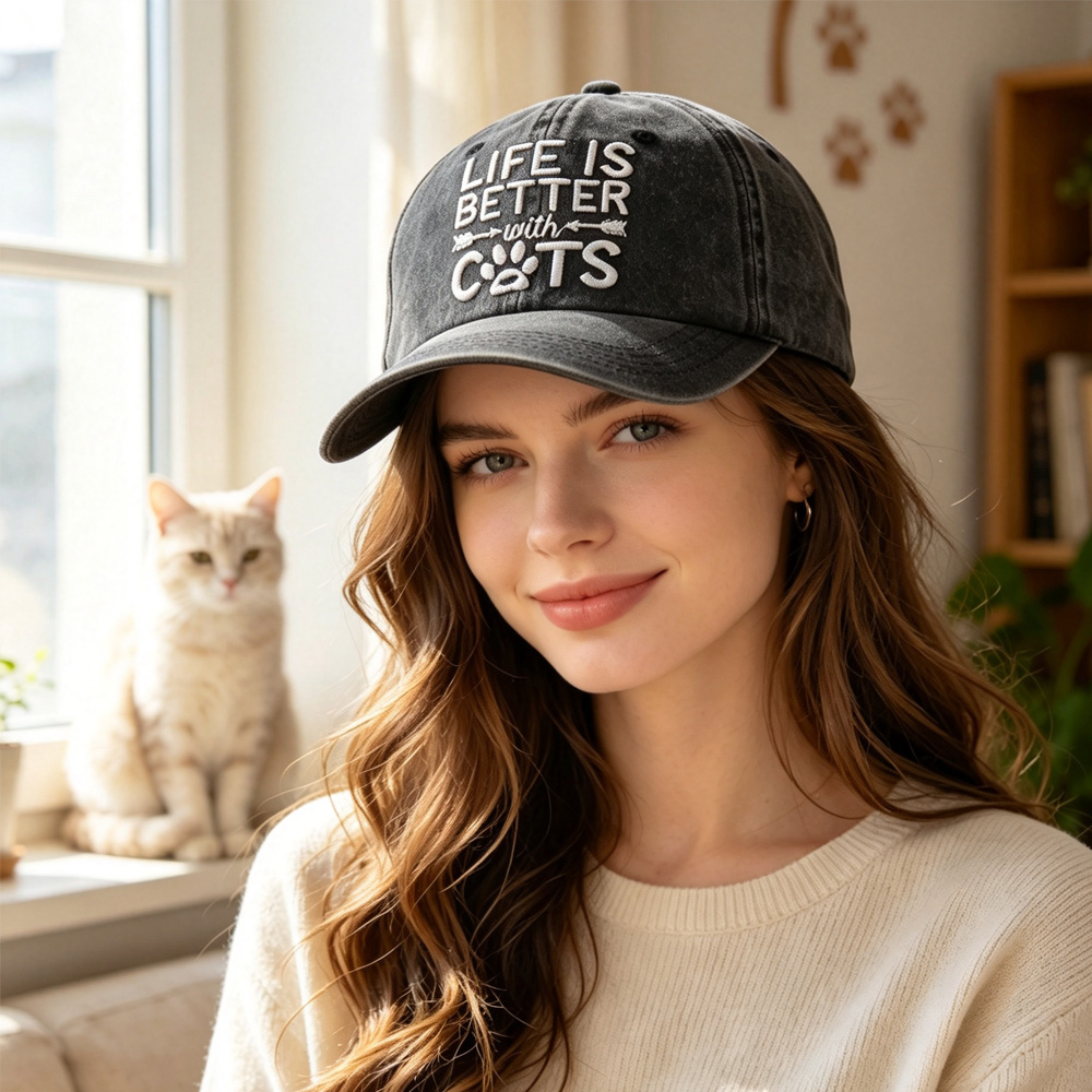 2 Piezas de Gorra de Béisbol Lavada y Desgastada, Gorra de Algodón Vintage con Bordado 'Life Is Better With Cats', Gorra Casual con Huella de Pata de Gato para Amantes de los Gatos — imagen 9