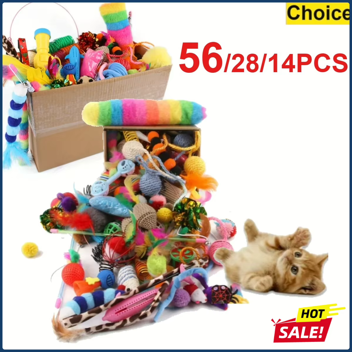 56pcs/28pcs/14pcs Pet Kitten Toys Variety Cat Toy Combination Set Cat Toy Funny Cat Stick Sisal Mouse Bell Ball Cat Supplies — image 1