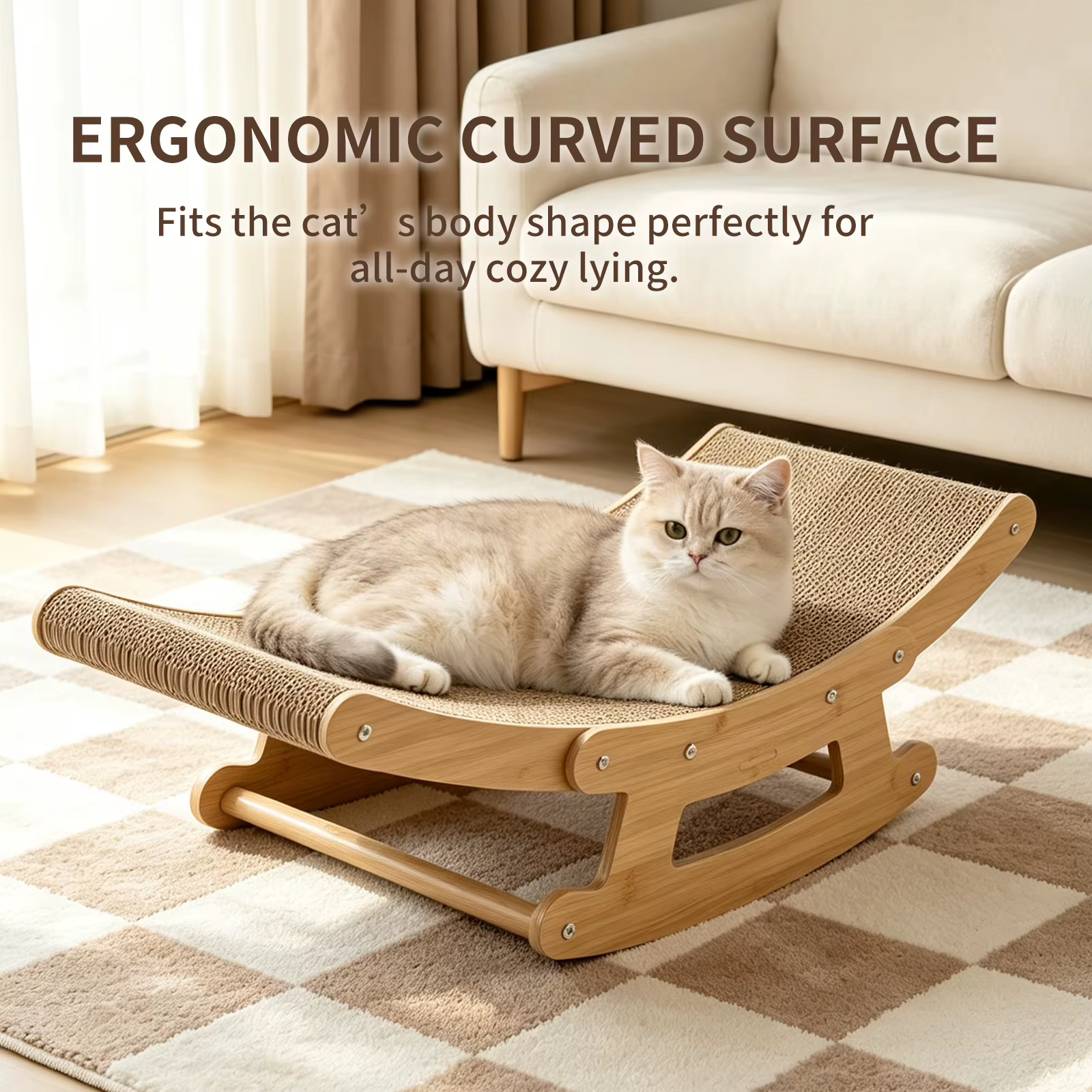 Cat Rocking Scratcher Chair for Indoor Cats, 2-in-1 Natural Corrugated Cardboard Cat Scratching Lounge, Wooden Frame Rocker Bed, Multi-Functional Cat Resting Hammock Furniture, Easy to Assemble — image 5