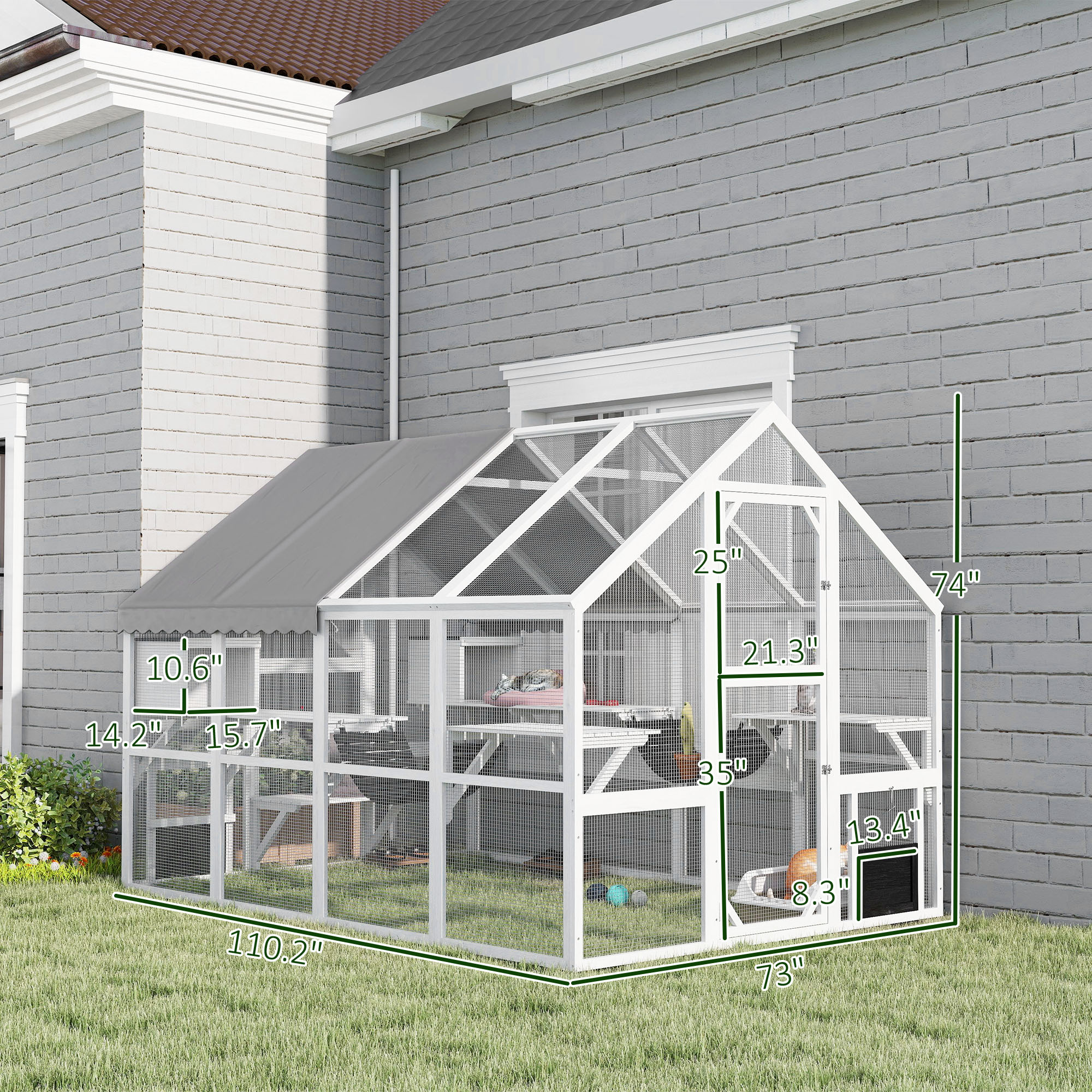 Wooden Catio Outdoor Cat Enclosure With Waterproof Cover, 2 Condos, 6 Platforms, Bridge, Doors, White — image 3