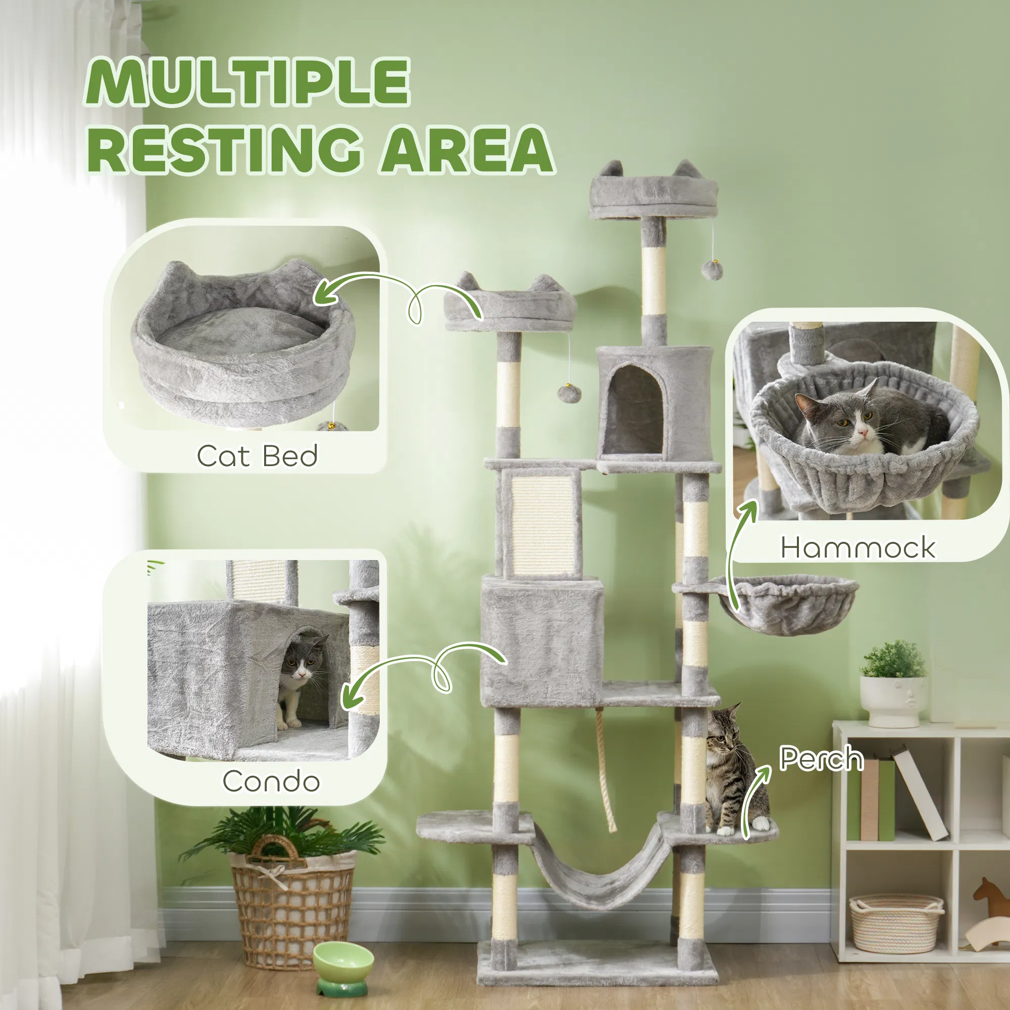 81" Large Cat Tree w/ Scratching Posts, Condos, Beds, Hammocks, Jumping Platforms, Toy Balls, Rope Cat Toy, Light Grey — image 5
