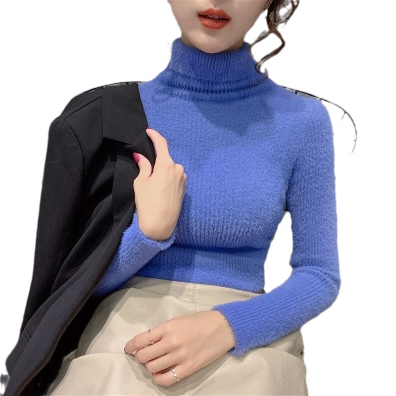 Women's Long Sleeve High Neck Slim Fit Thickened Faux Mink Knit Sweater — image 1