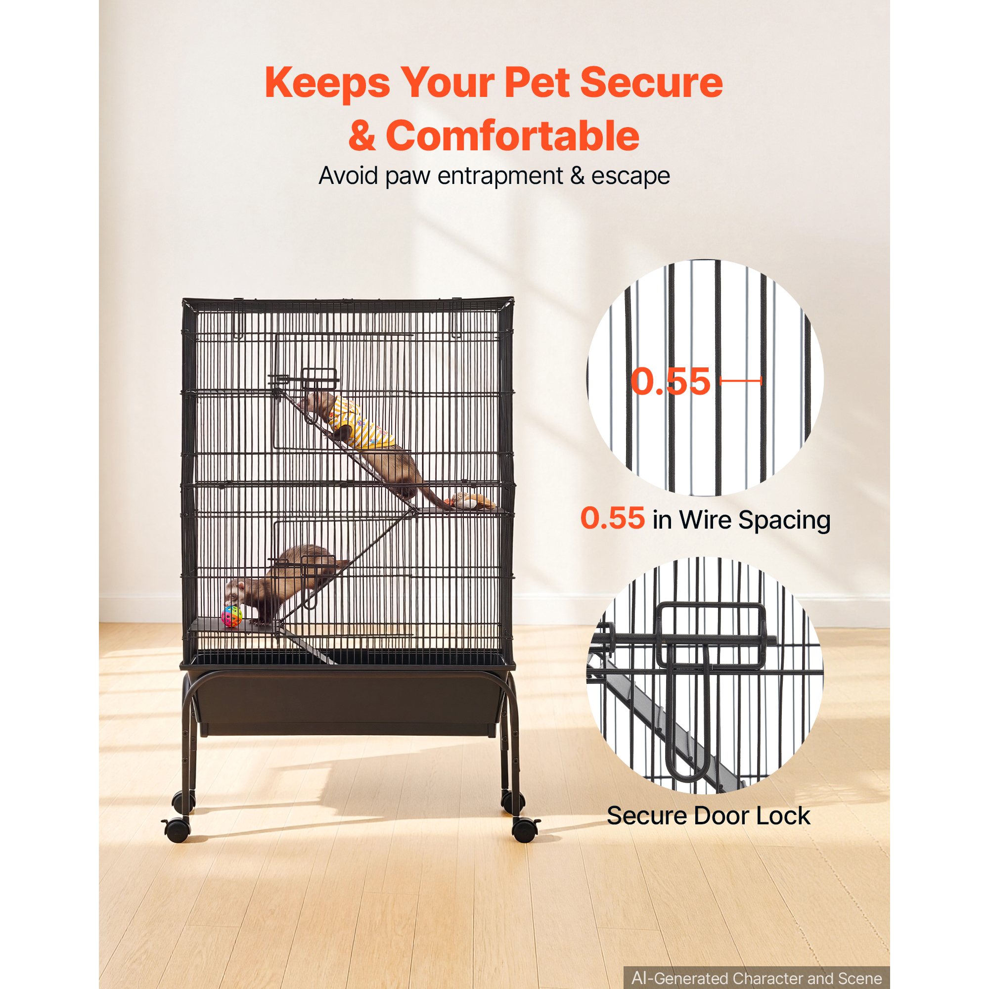 Metal Small Animal Cage 39.8"H 3-Tier Rolling Ferret Cage On Wheels, 0.55" Wire Spacing Large Cages With Hammock, Ramps, Tray & Doors For Ferret, Chinchilla, Sugar Glider, Guinea Pig & Rabbit — image 5