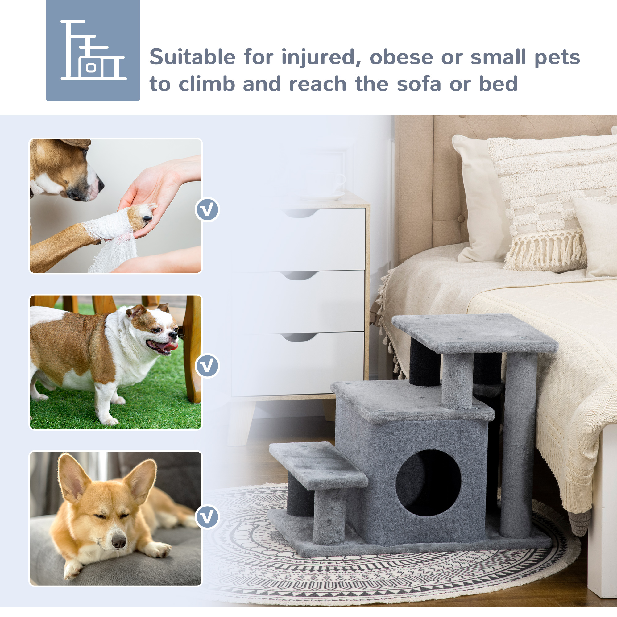 Adjustable Height 3 Step/4 Step Cat Stairs with Cat Scratching Post, Cat Condo, Toy Ball, for Bed, Sofa, Couch, Gray — image 4