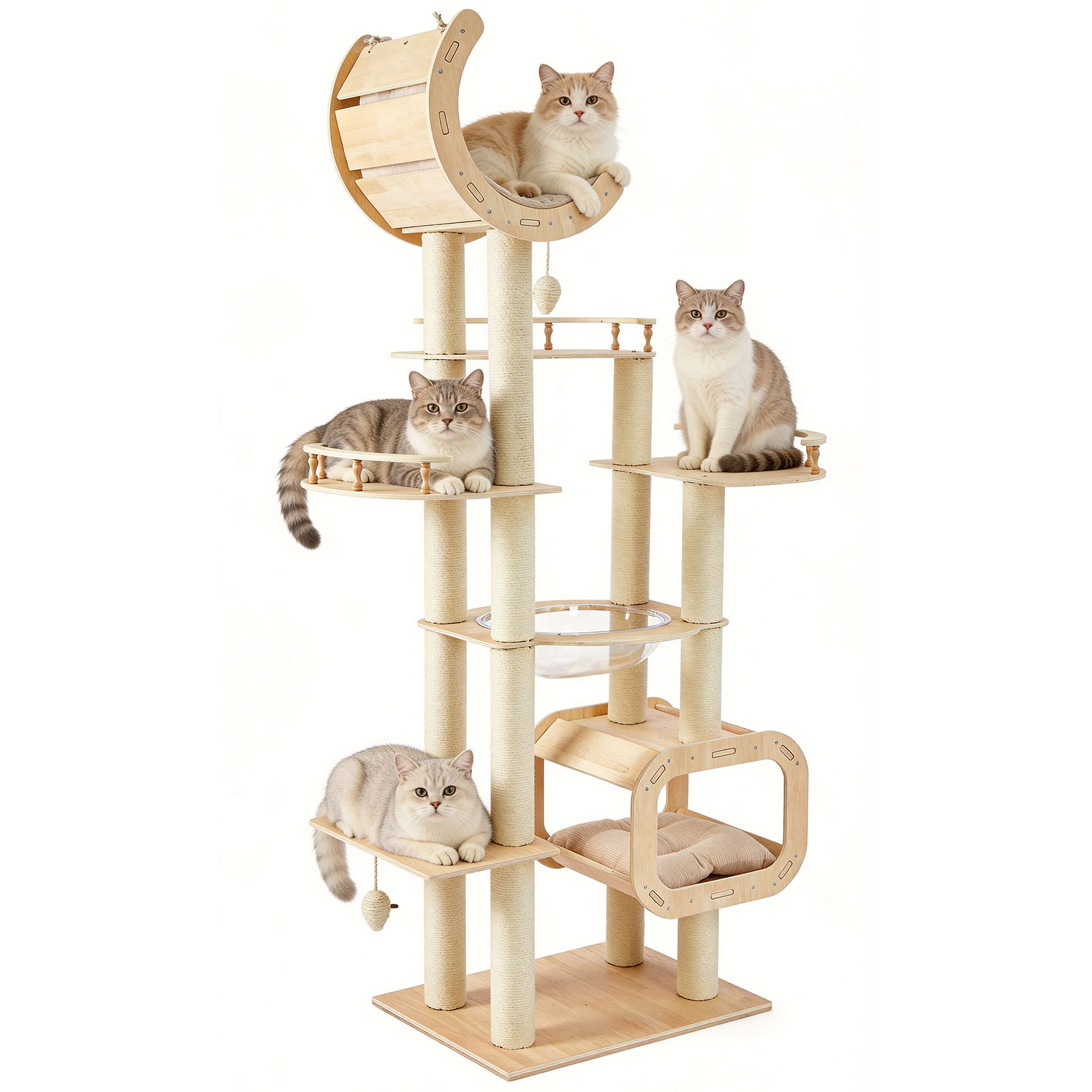 Heavy-Duty No-Drill Large Cat Tree-Solid Wood, 5-Story Multi-Column Cat Tower, 80.4in For Large Spaces & Multi-Cat Households, Open Condo, Space Capsule, Bed, Durable Indoor Pet Furniture — image 6