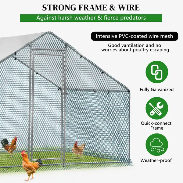 Gallinero Plateado de 2x2x2m y 6.5x6.5x6.5ft con Techo en Punta, Lona Impermeable de PE de 180g, Jaula Metálica para Gallinas y Conejos — imagen 2