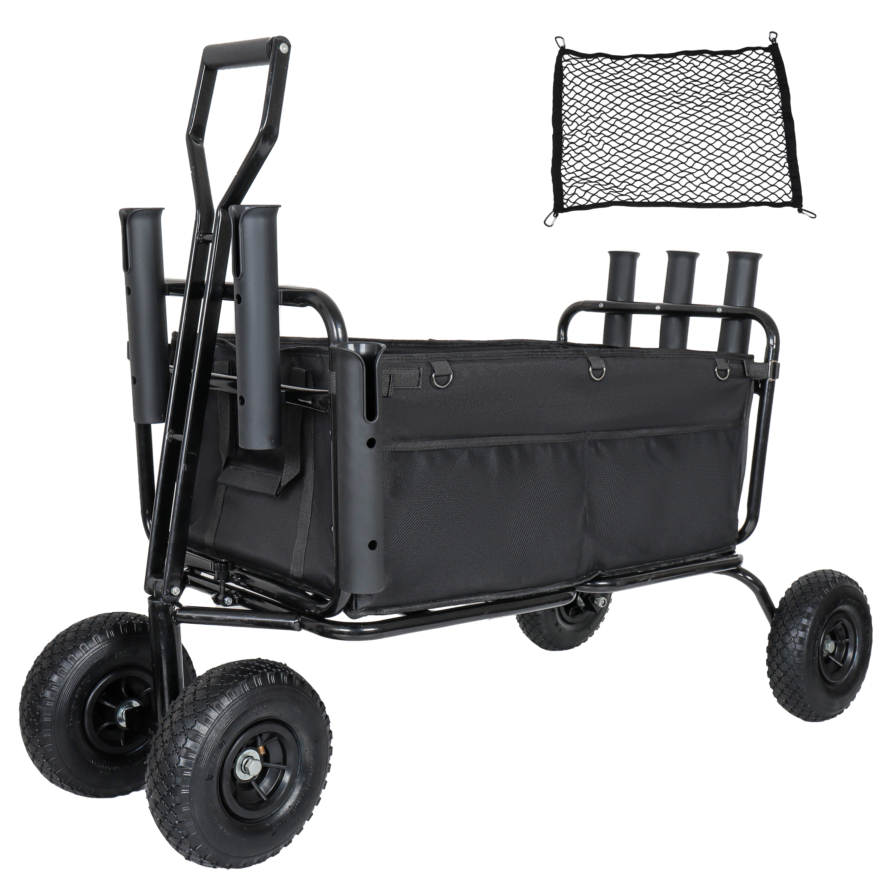Carro de Pesca Carrito de Playa Carretón Colapsable 9,85'' Ruedas Todo Terreno para Arena Resistente al Uso Intenso con Soportes para Cañas Soporte para Sombrilla y Bolsillos de Almacenamiento 550lb Capacidad Grande Negro — imagen 1