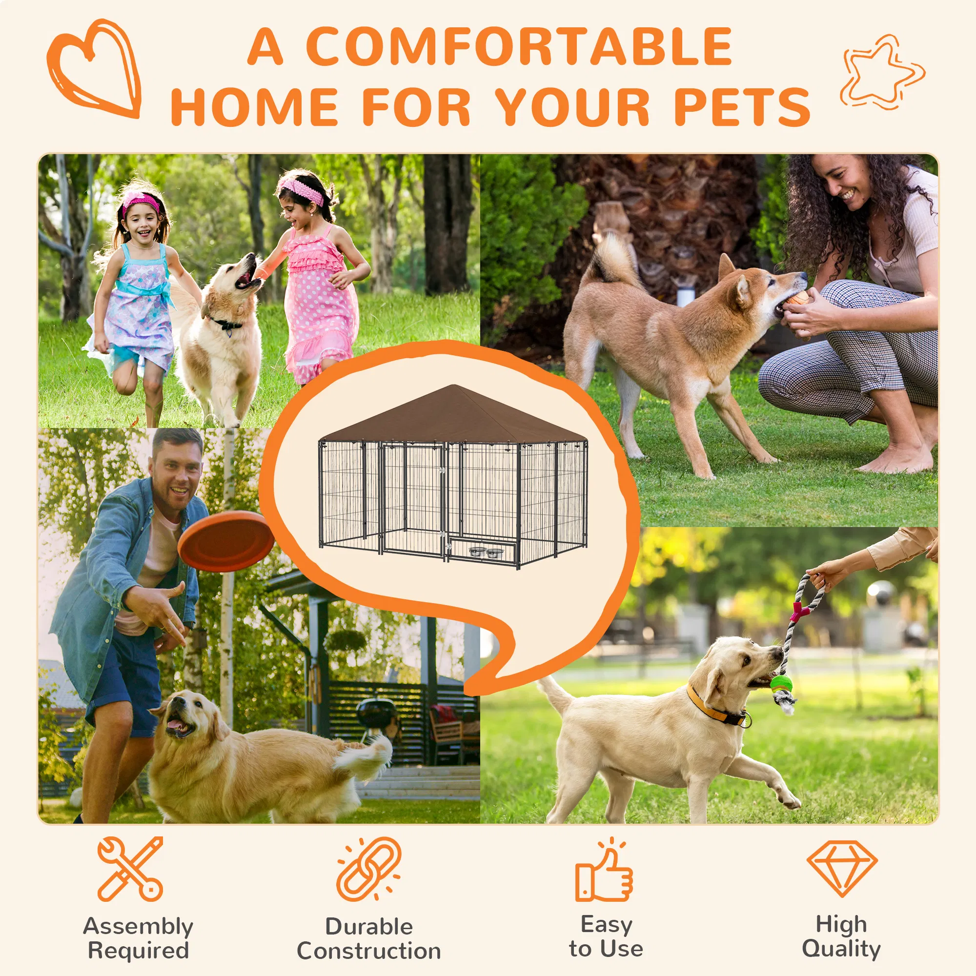 6.9' x 4.6' x 5' Outdoor Dog Kennel with Canopy, Rotating Bowls, Coffee — image 4