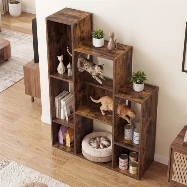Librería para Gatos en Madera Rustica (Marrón), 8 Secciones de Almacenamiento Organizado y Plataformas de Escalada Múltiples — imagen 2