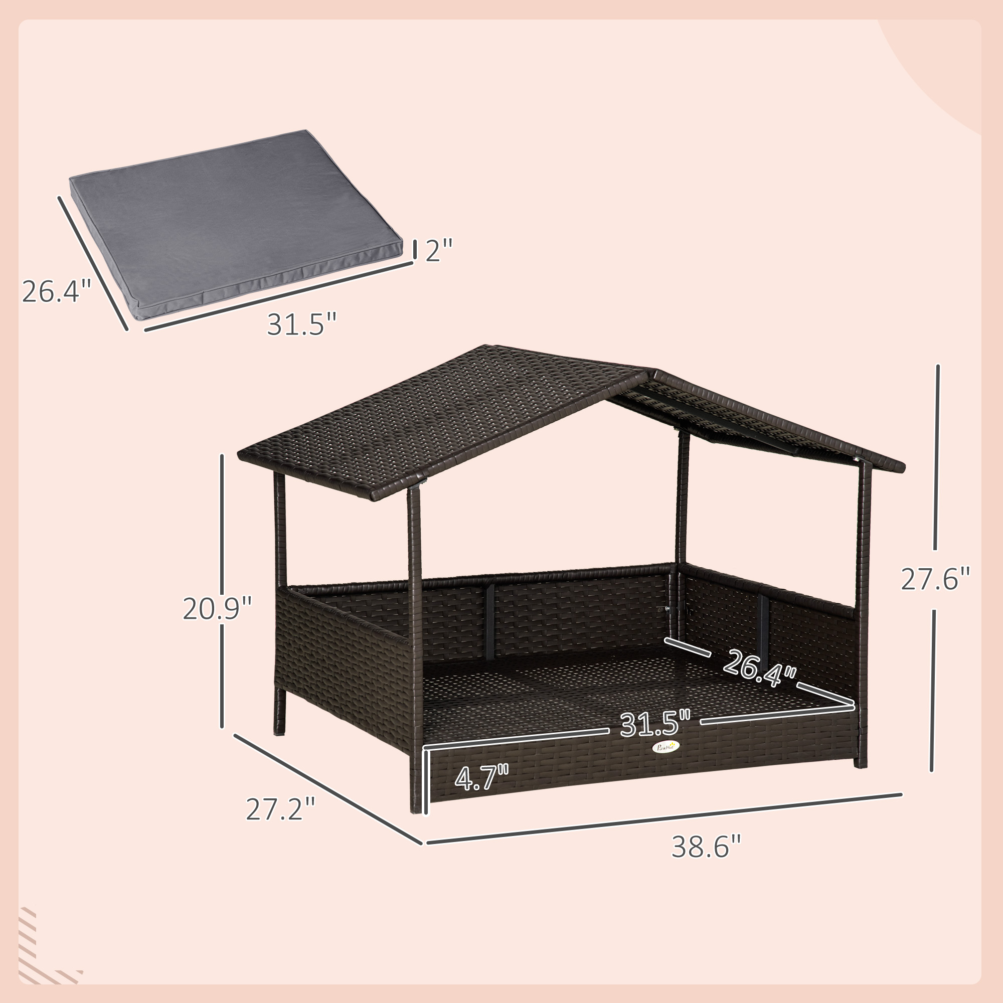 Casa de Perro en Rama Exterior con Tejado, Camarote para Mascotas con Almohada Resistente al Agua, Colchón Elevado para Razas Pequeñas y Medianas hasta 30 kg, 50 cm de Largo, Ramo Marrón, Almohada Gris — imagen 8