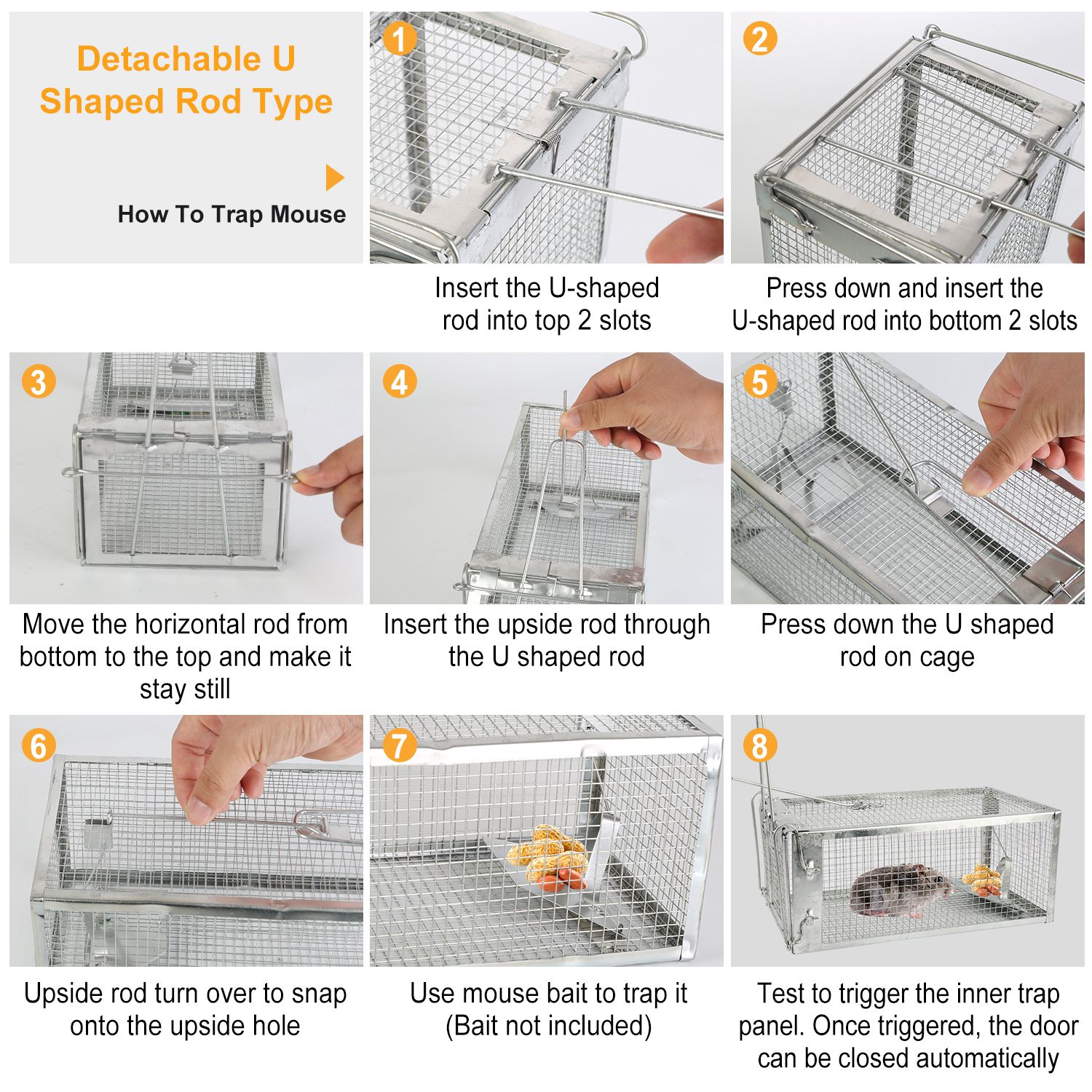 Opciones de Paquete de 2 o 1 Jaula Trampa Para Ratas, Jaula Trampa Humanitaria Para Roedores Vivos de Hierro Galvanizado, Control de Ratones con Cebo y Varilla en U Desmontable — imagen 10