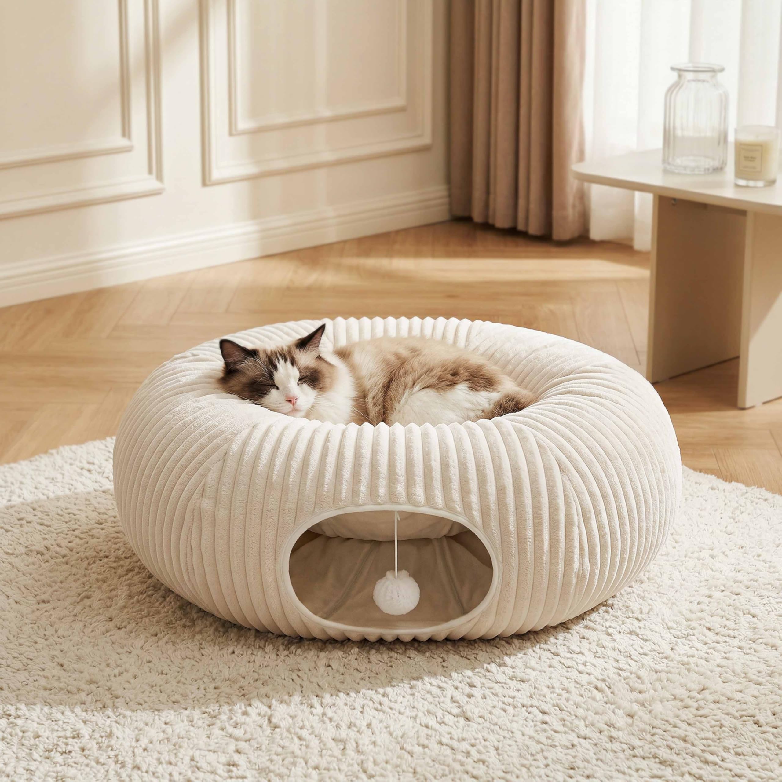 Cat Tunnel Bed With Interactive Cat Toys, Cat Tube With Kitten Toys For Indoor Kittens, Collapsible Play Tunnel, White — image 2