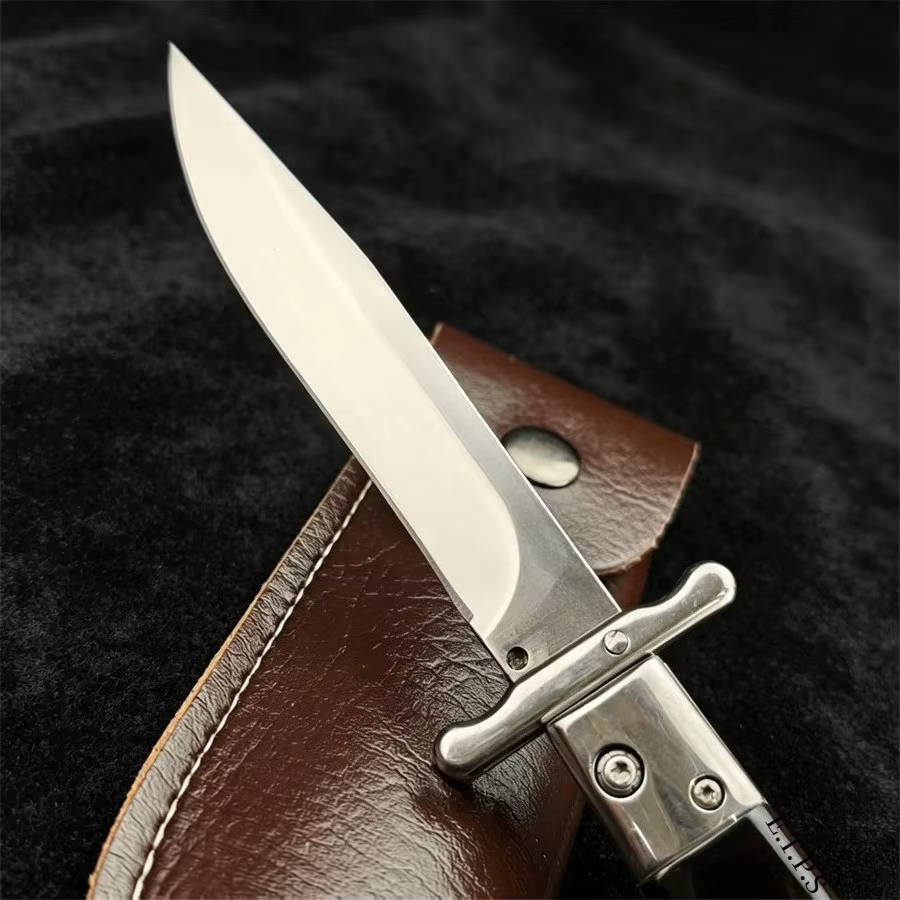 EDC Folding Knife Satin Flat Blade Safety Lock Knife Manually Opened for Daily Use, Three Color Handle with Leather Knife Cover — image 2