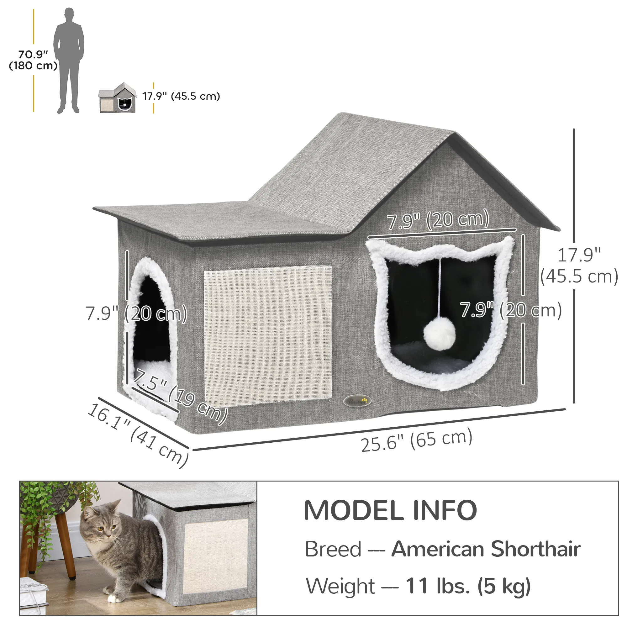 Large Cat Bed for Indoor, Cat House Hideaway with Soft Cushion, Scratching Pad, Dangling Ball, Dual Entrances, Grey — image 6