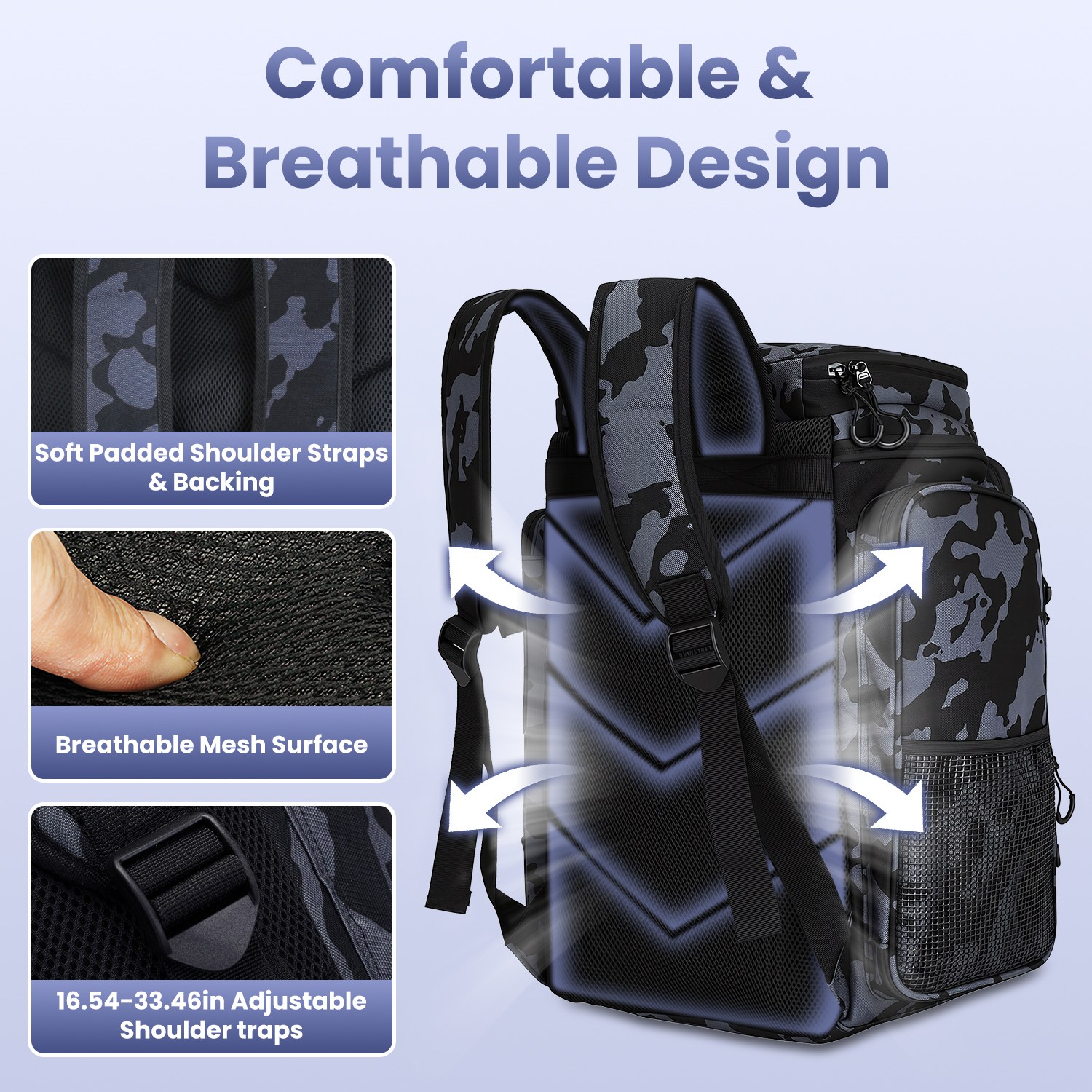Mochila de Pesca de 42L (11Gal), Bolsa de Almacenamiento de Gran Capacidad para Equipo de Pesca, con Portacañas, 16 Bolsillos, Resistente al Agua, con Divisor, Correas Acolchadas Ajustables Para Pesca, Camping al Aire Libre y Senderismo — imagen 9