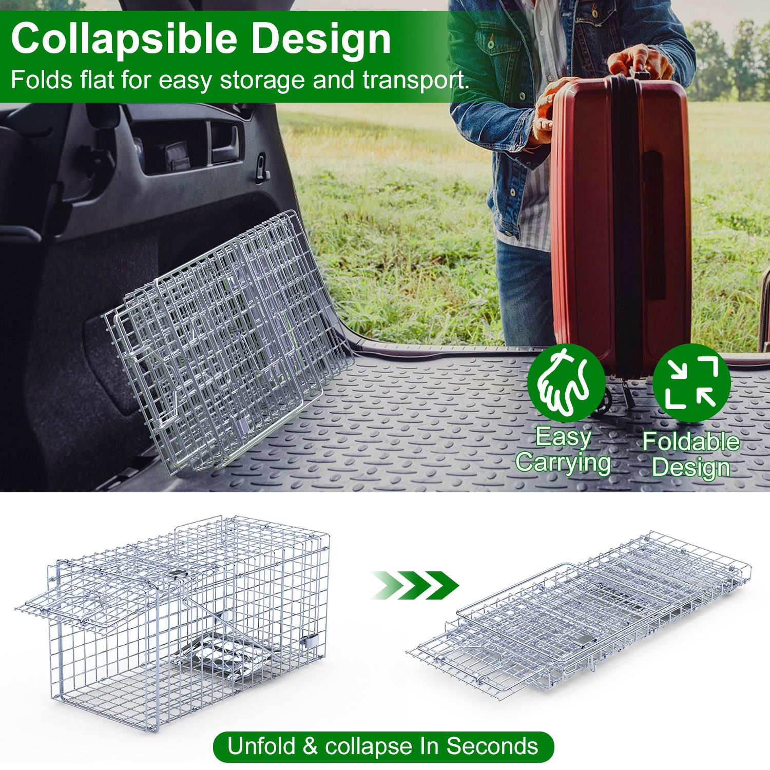 2Pzs Trampa Humanitaria de Puerta Única 18x8x10In para Animales Vivos, para Primavera y Verano, Plegable, Jaula de Hierro Galvanizado para Capturar y Liberar Ardillas, Mapaches, Gatos Ferales, Comadrejas, Armadillos, Zarigüeyas Pequeñas — imagen 6