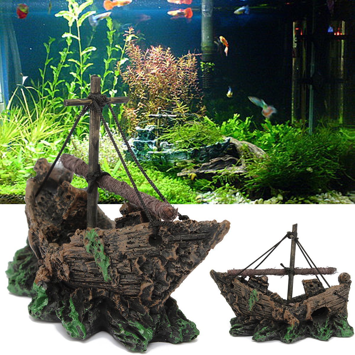 Paisajismo de acuario, decoración de pecera de vidrio, barco pequeño de red — imagen 3