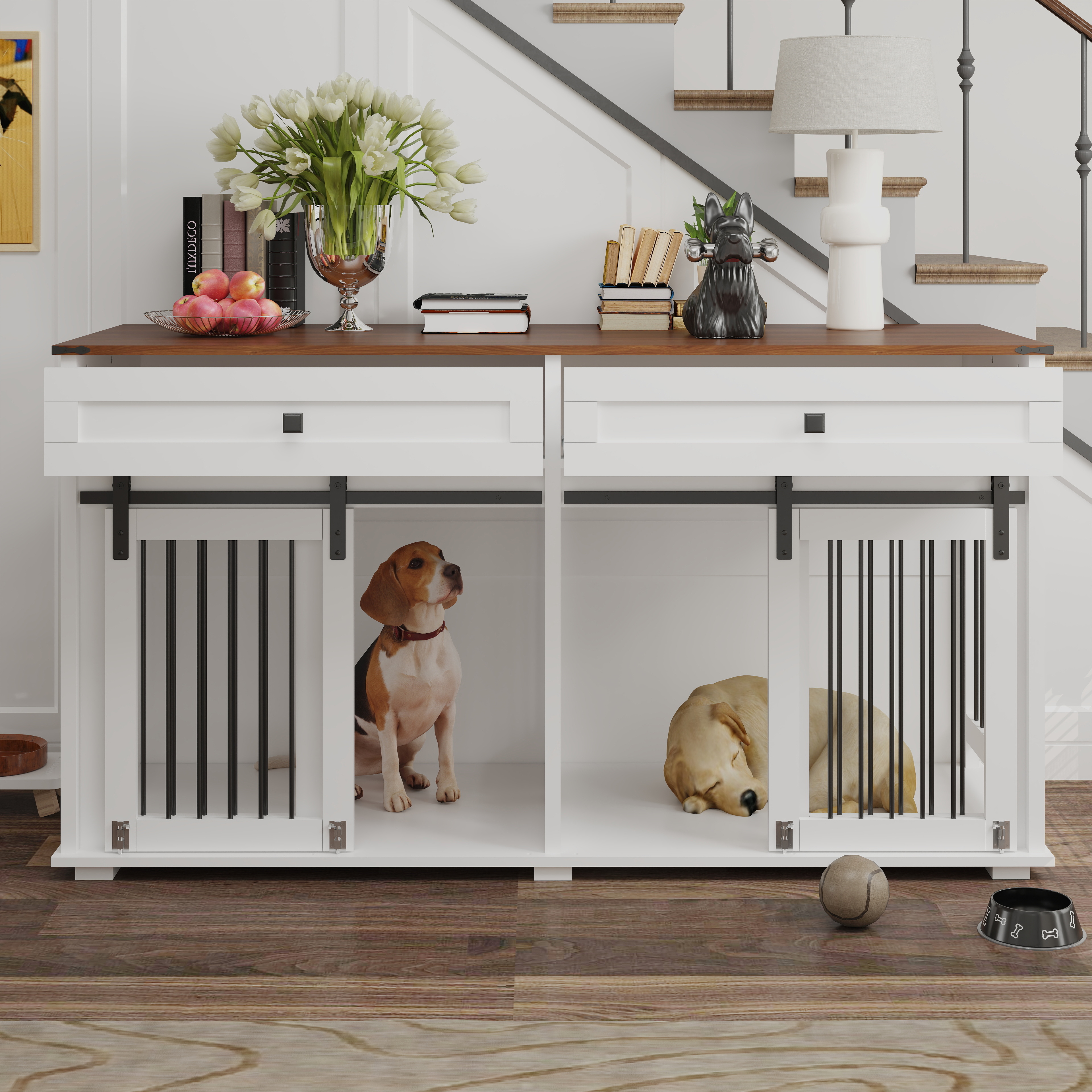 63'' Large Dog Crate Furniture For Double Dog, Wooden Dog Kennel With 2 Drawers, Divider And Sliding Door, Water Resistant Indoor Pets Furniture Style Double Dog Crates — image 4