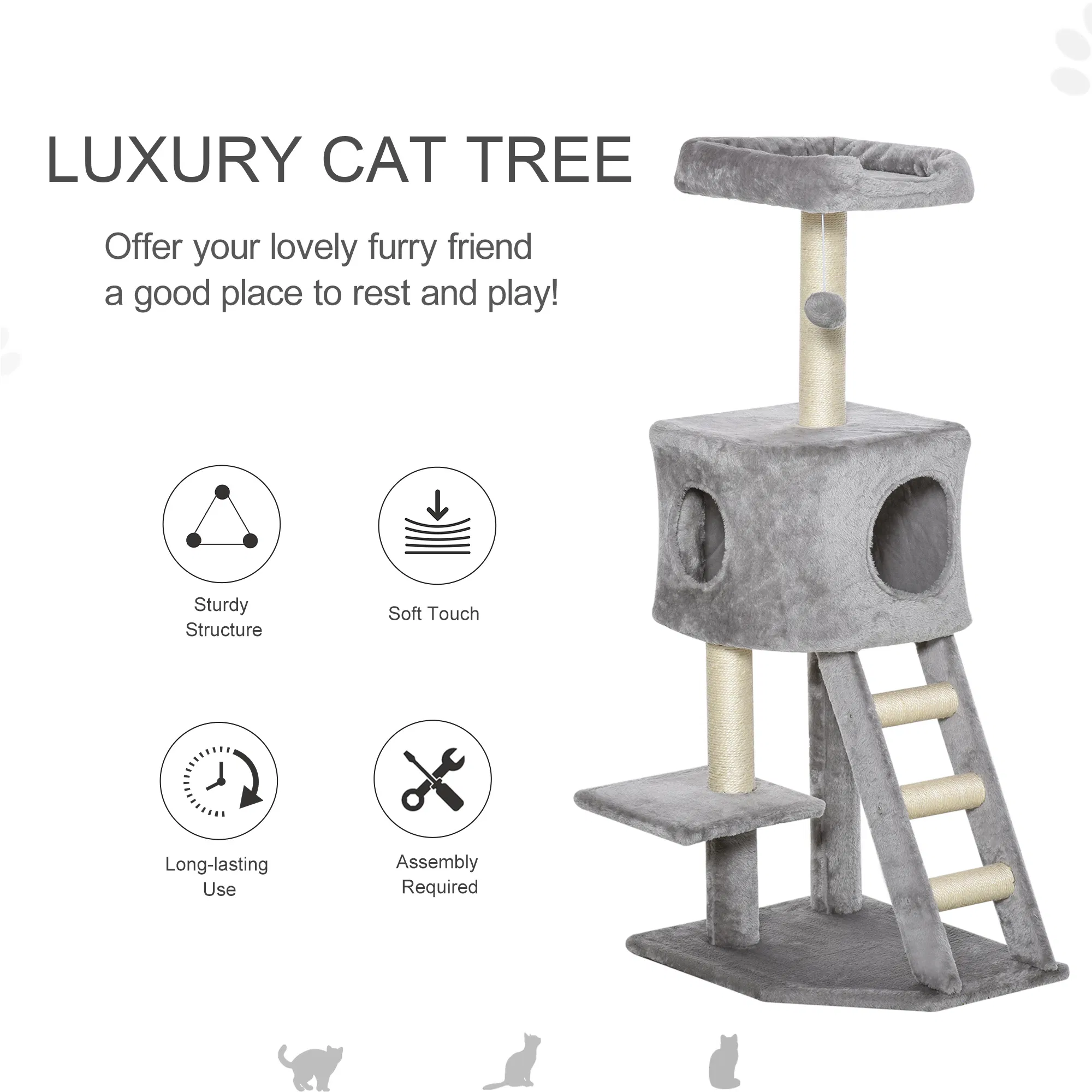 47" Tall Cat Tree Tower with Condo, Ladder, Scratching Posts and Hanging Ball, Light Grey — image 5