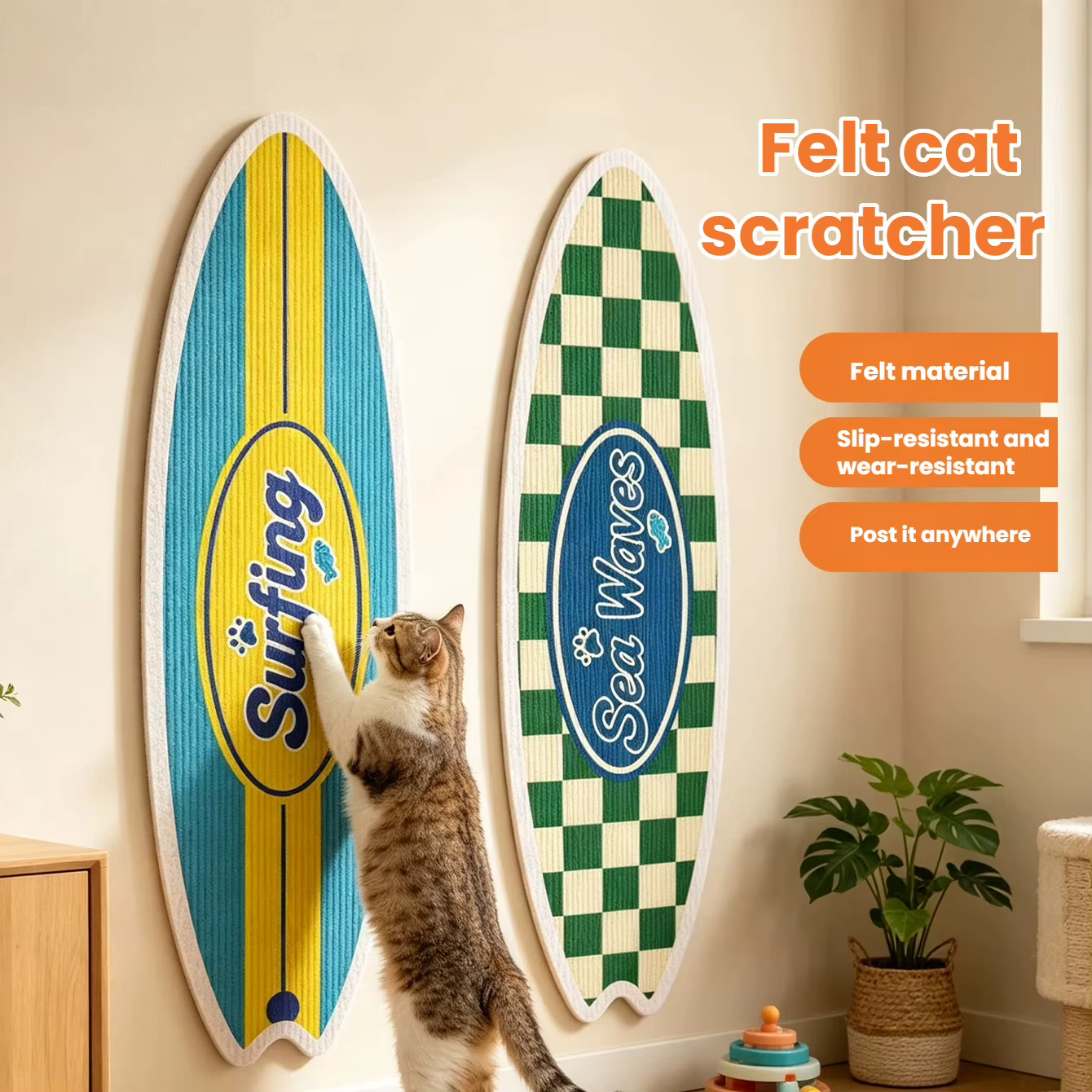 A Cat Scratcher Post in the Shape of a Surfboard, Wall-mounted, Made of Natural Sisal Material, and Free of Debris, Toy for Cats — image 1
