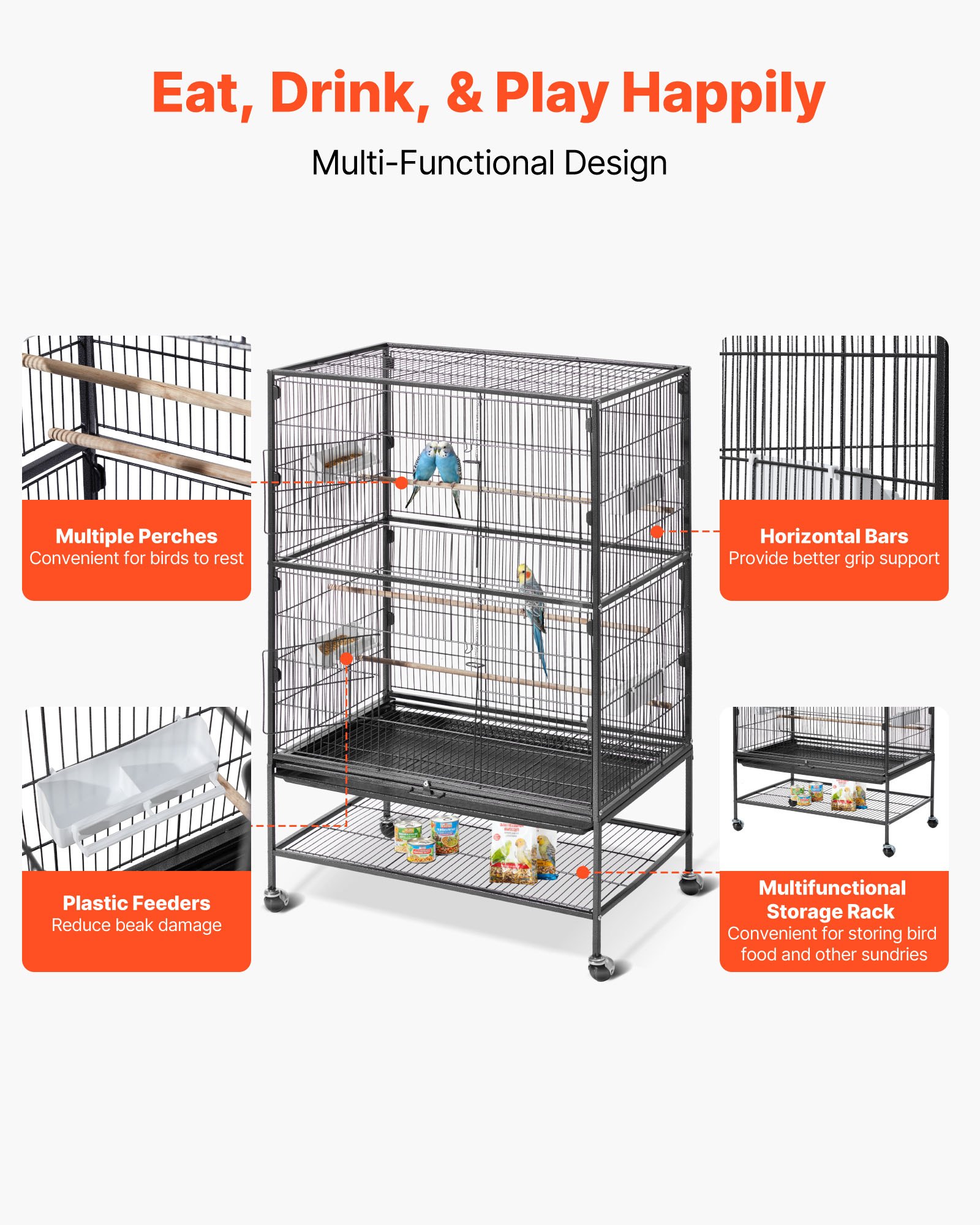 Bird Cage, 31.5 X 20.5 X 52 Inch, Flat Top, Wrought Iron Bird Flight Cage With Perches, Slide-Out Tray And Plastic Feeders, Casters, For Parrot, Blue Tit, Cockatiel, Canary, And Monk Parakeet — imagen 3