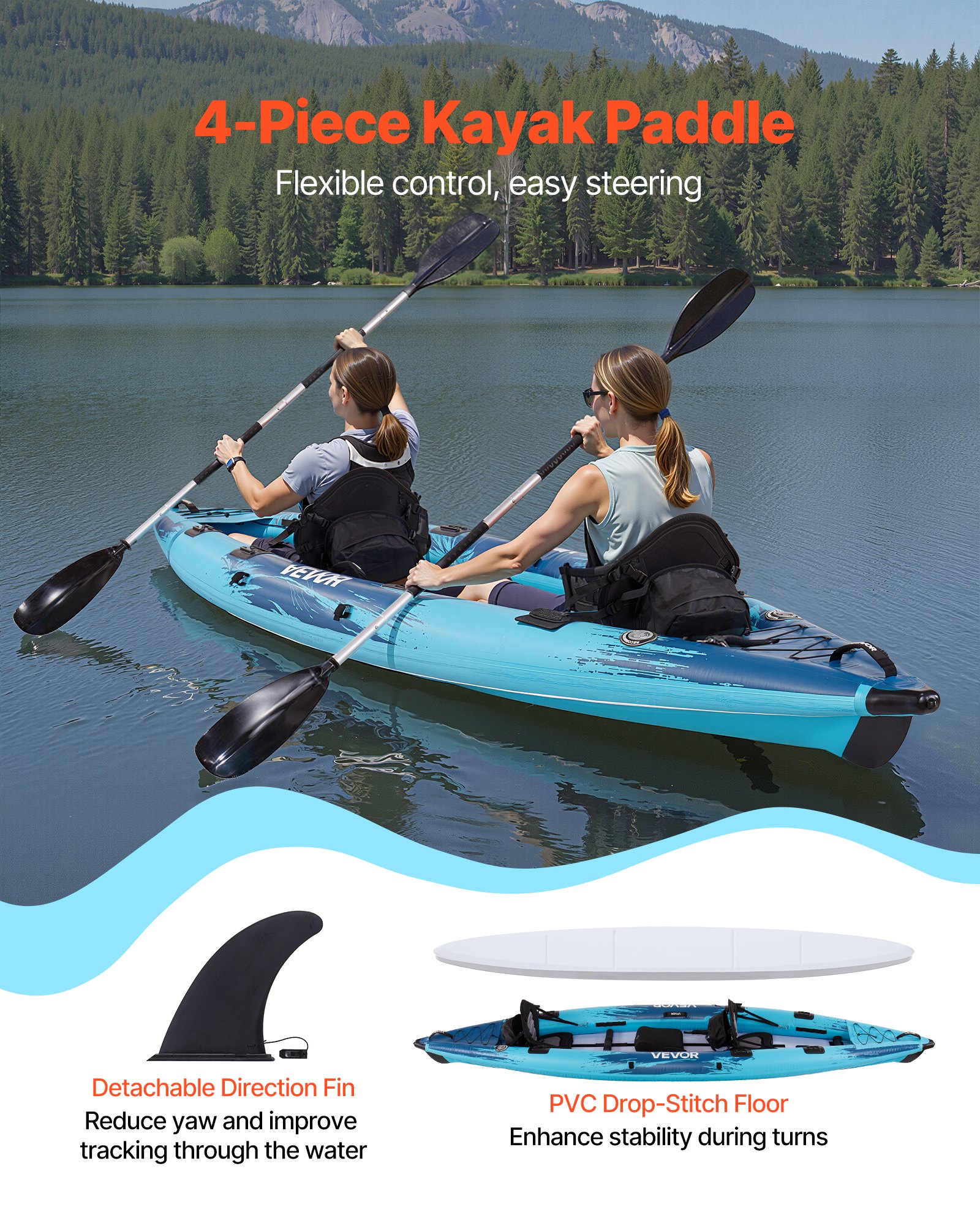 Kayak inflable de 2 personas, Kayak recreativo inflable con capacidad para 700 lbs, Resistente a fugas y agujeros con asiento acolchado, Piso PVC de doble capa, 2 remos, Bomba manual y bolsa de transporte para pesca y camping — imagen 3
