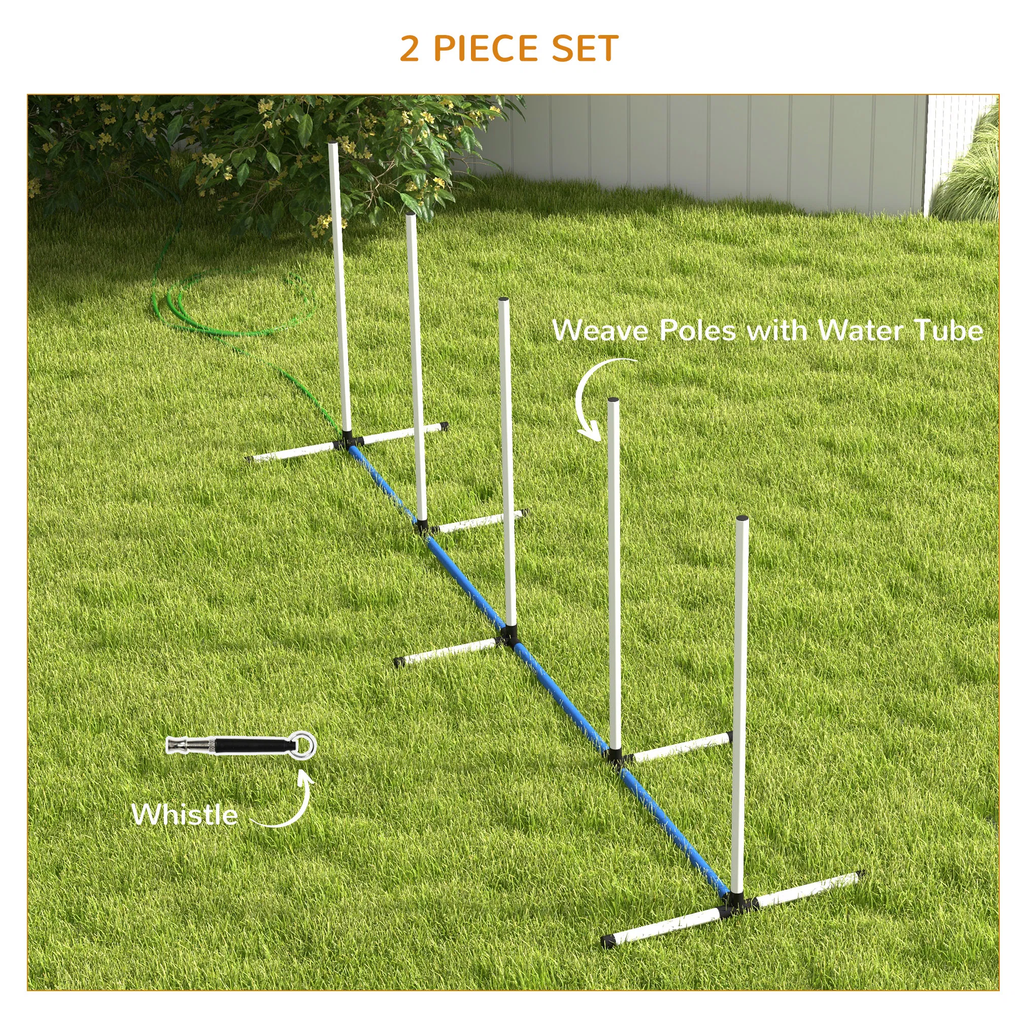 2PCs Dog Agility Kit with Weave Poles, Spray Water Tube, Whistle, Carry Bag, White — image 2