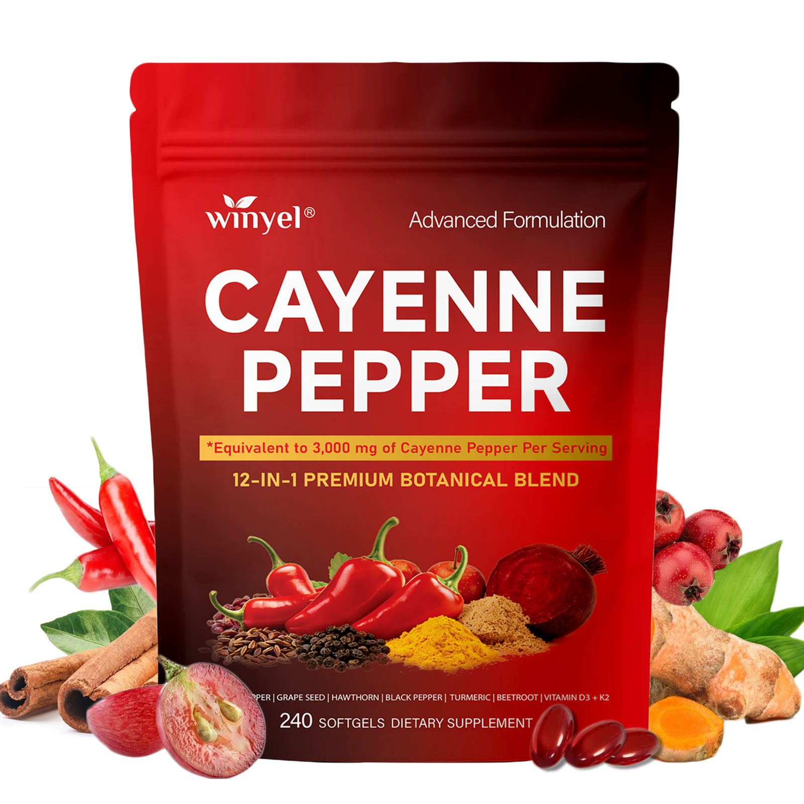 Chili Pepper Softgel Supplement To Support Leg Vein, Heart, And Vascular Health. Contains Vitamins C, D3, And K2, As Well As Extracts Of Grape Seed, Hawthorn, Cinnamon, And Beetroot 240 Softgels — image 1