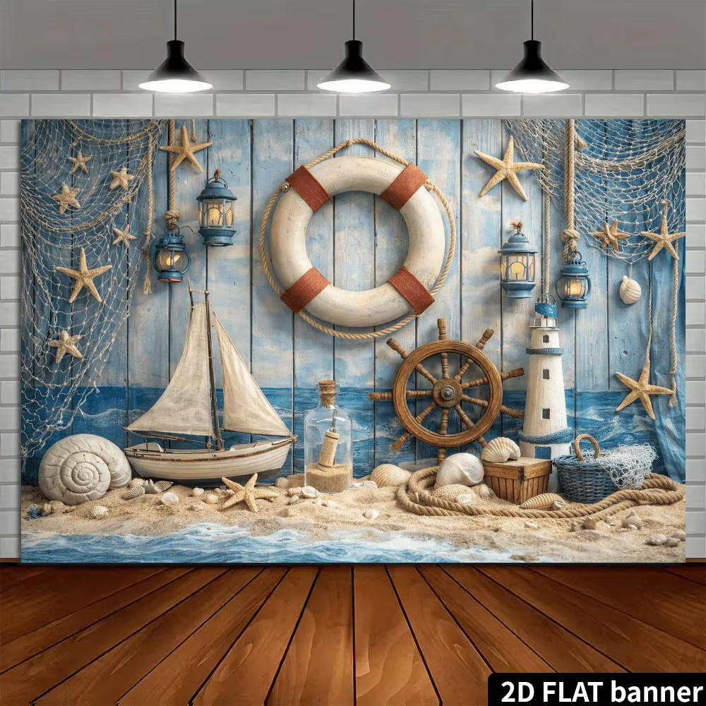 2D Flat, Nautical Lifeboat Starfish Ship Wheel Lighthouse Beach Decor Tapestry Coastal Wall Art Living Room Ocean Theme Print — image 4