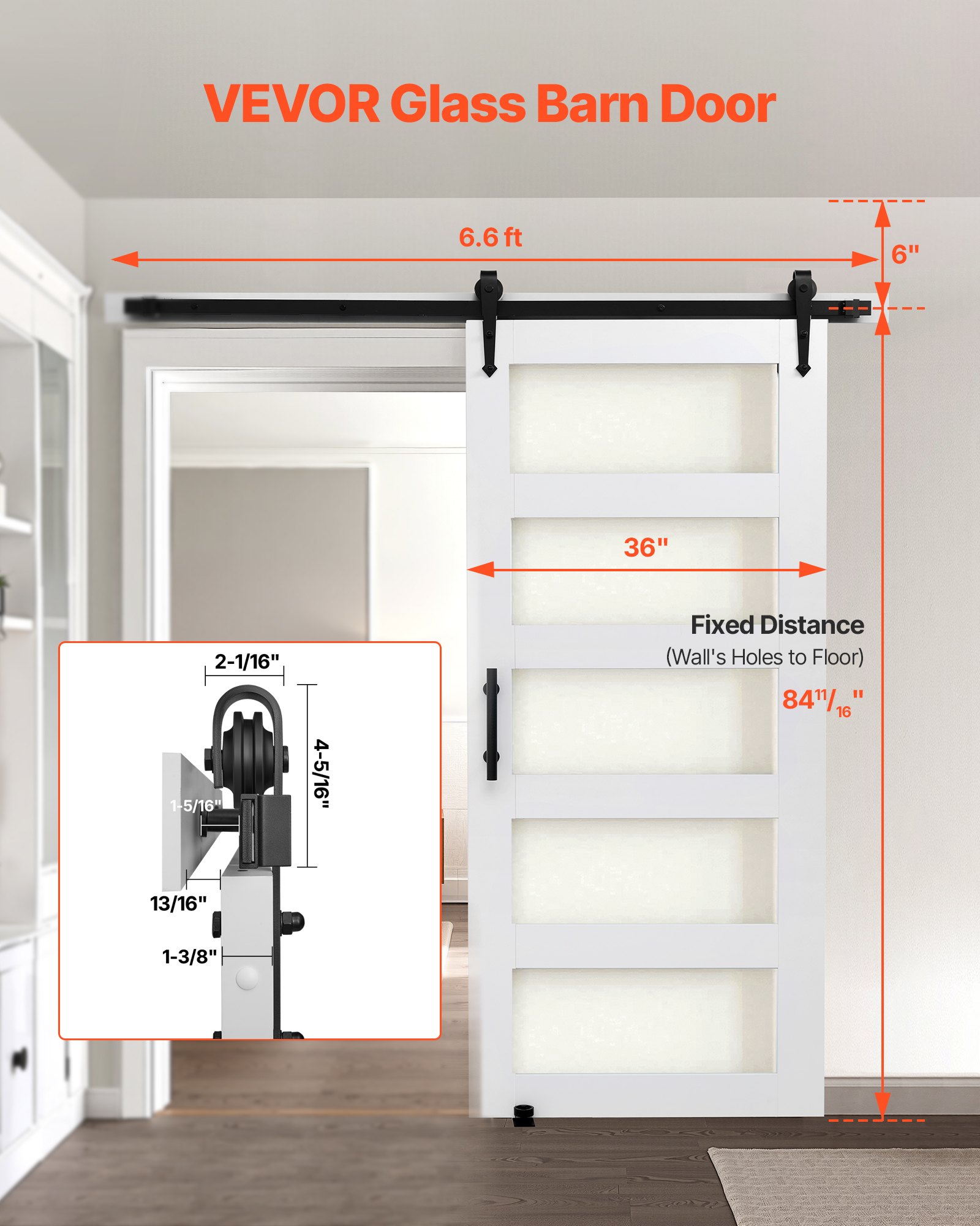 Puerta de Cabina Deslizante 36 x 84 Pulgadas, Panel de MDF de Alta Resistencia y Vidrio, Conjunto con Herramientas para Instalación Fácil, Superficie PVC Impermeable, Ideal para Salas de Vivienda — imagen 4