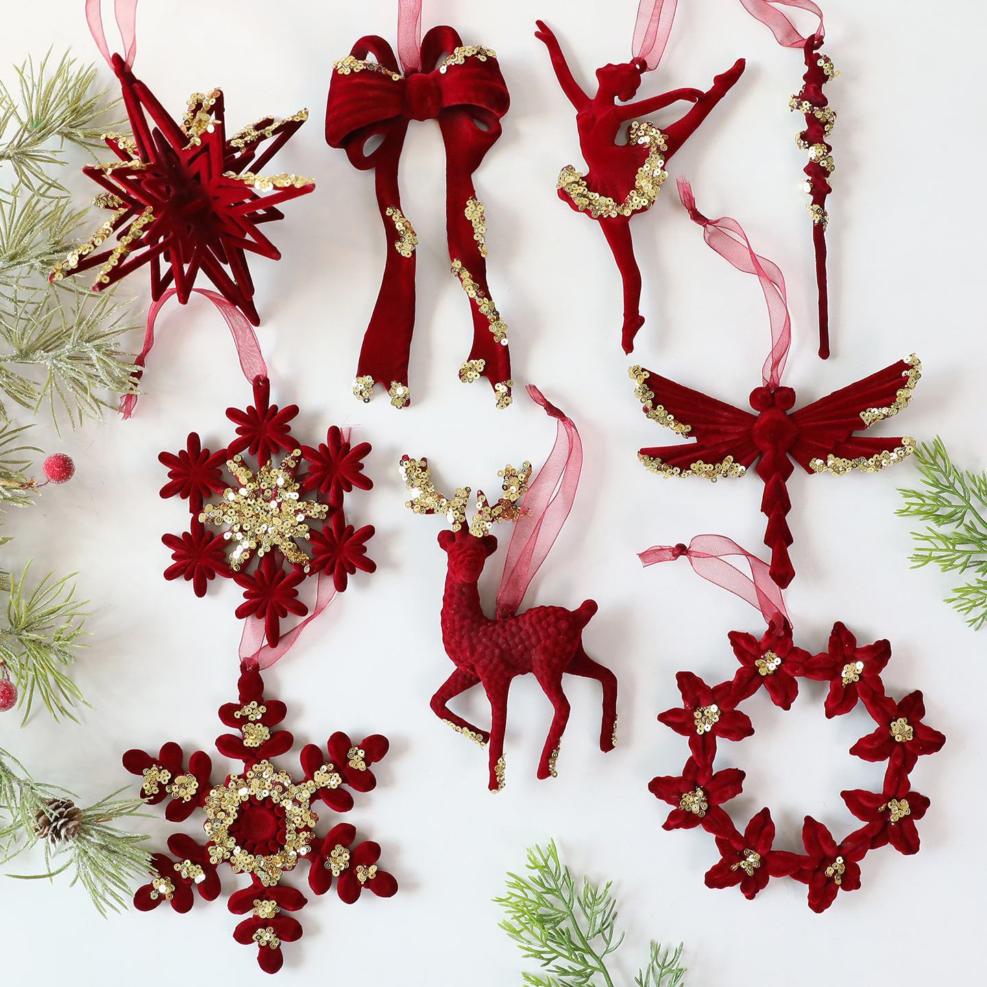 Christmas Decoration Velvet Red Wreath Bow Deer Ornament Tree Hanging Decor — imagen 2