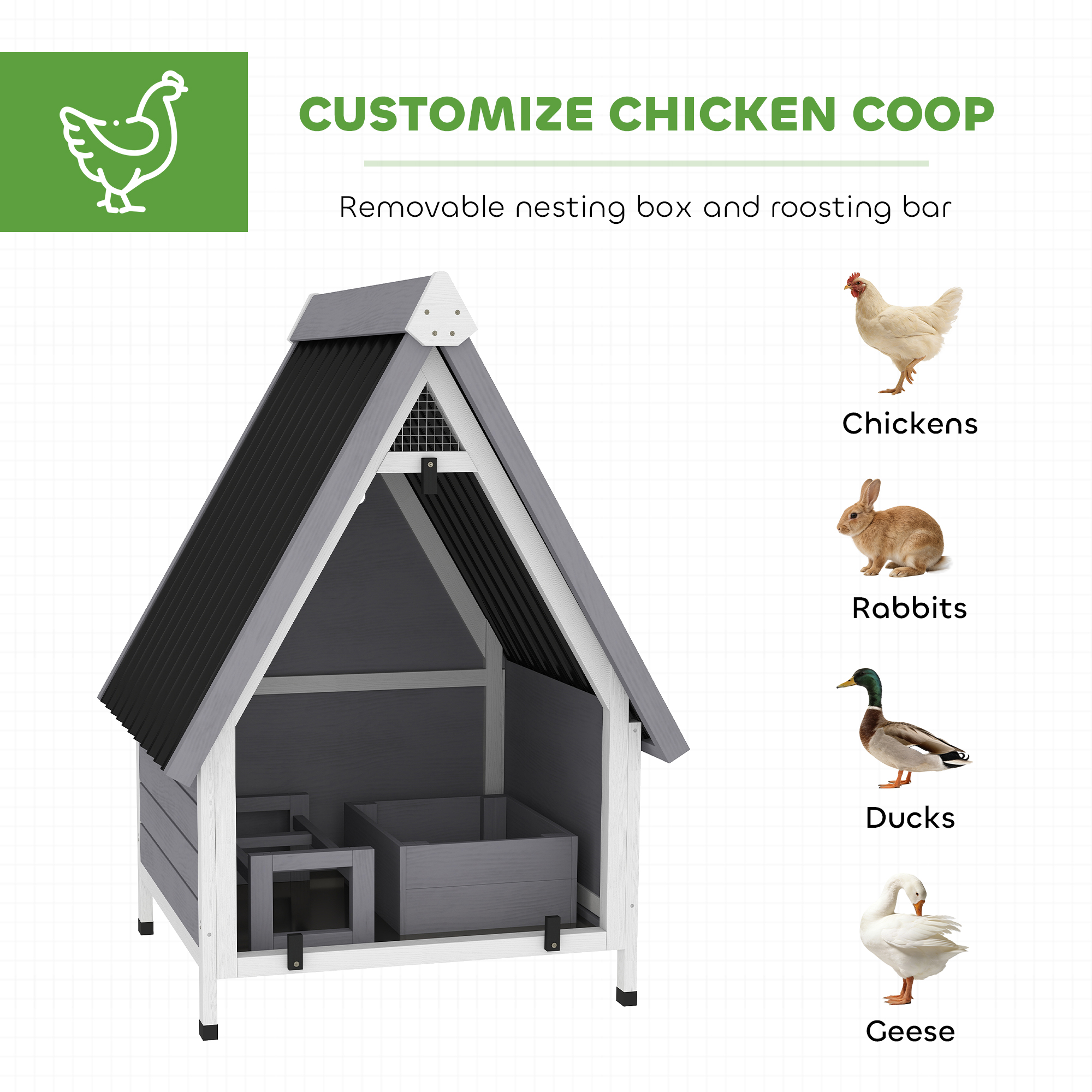 Casa para Gallinas de 2 Ejemplares, Hogar Exterior de Madera con Caja de Anidación Removible y Barra de Percha, bandeja y rampa — imagen 5
