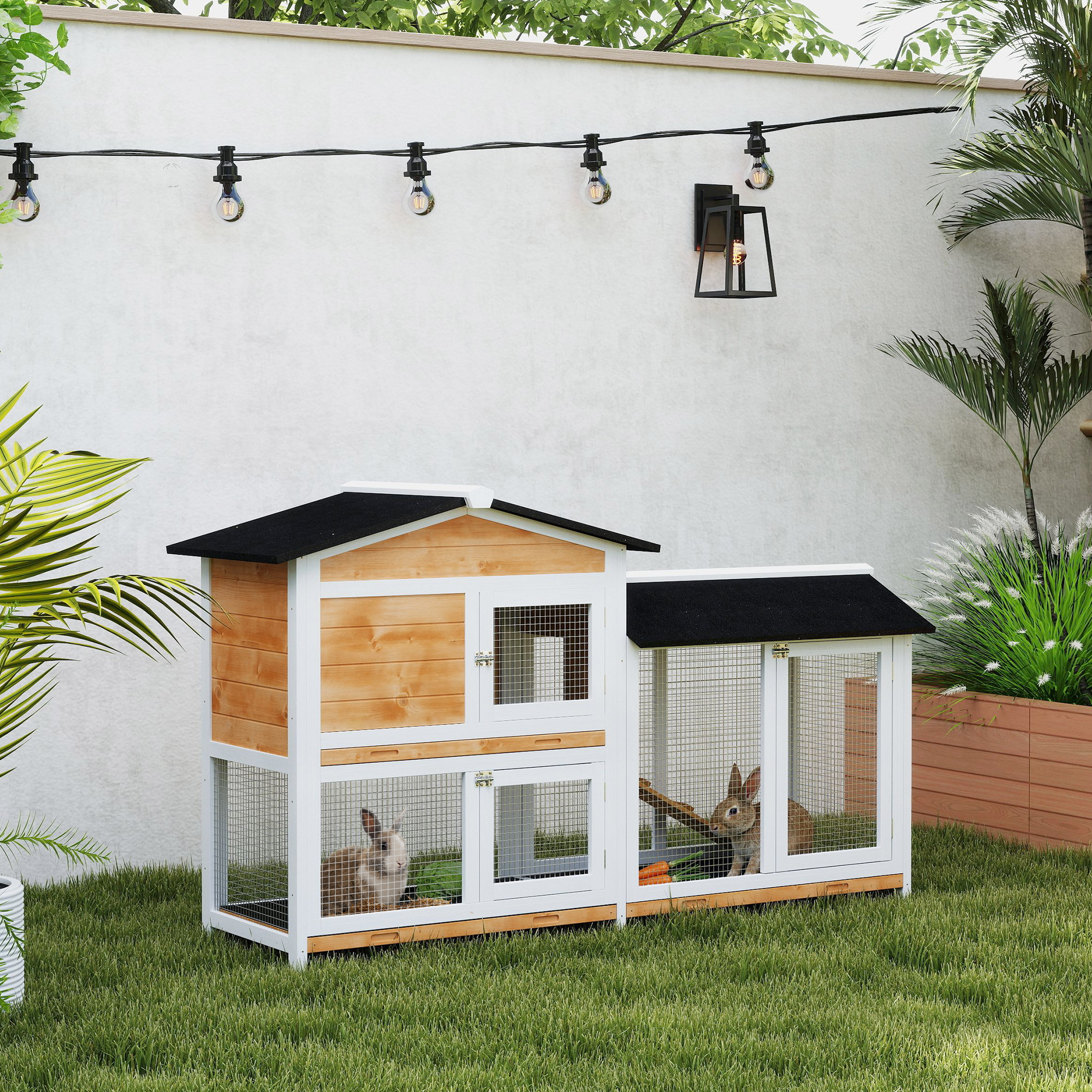 62" Rabbit Hutch, Wooden Bunny Hutch, Guinea Pig Cage, Small Animal Enclosure with Run Area, Removable Tray, Asphalt Roof, Lockable Doors and Ramp, for Rabbits, Chickens, Ducks, Nature Wood — imagen 1