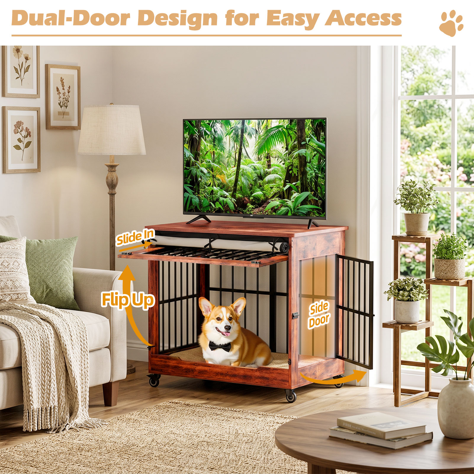 Dog Crate Furniture, Double Door Wooden Indoor Dog Kennel Furniture, Decorative Pet Cage End Table With Wheels For Medium And Small Breed Dogs, Size M, Greige — image 8
