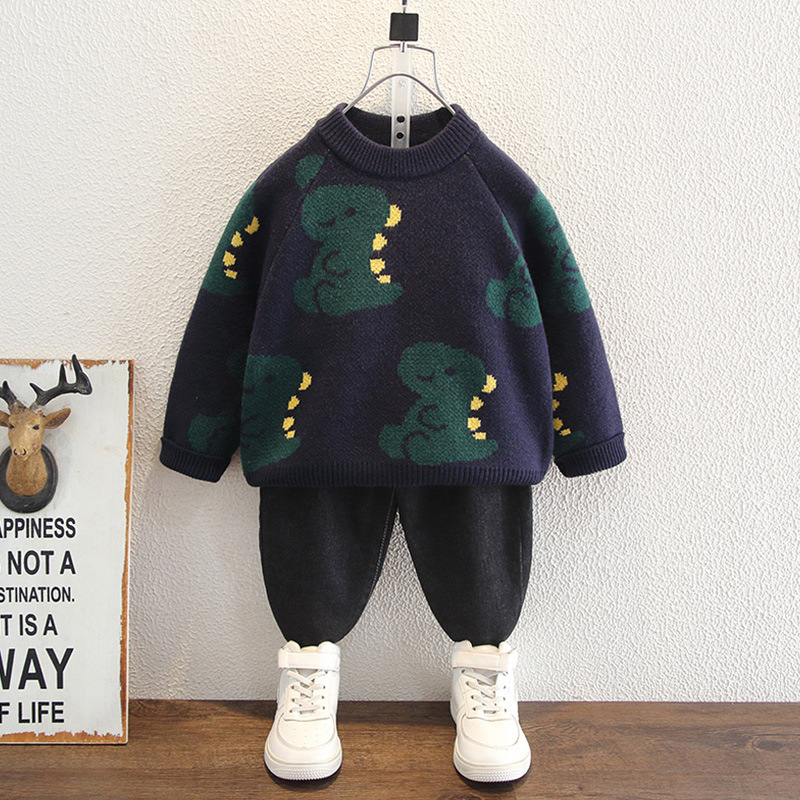 Kids Cartoon Dinosaur Print Crew Neck Pullover Knit Sweater — image 4