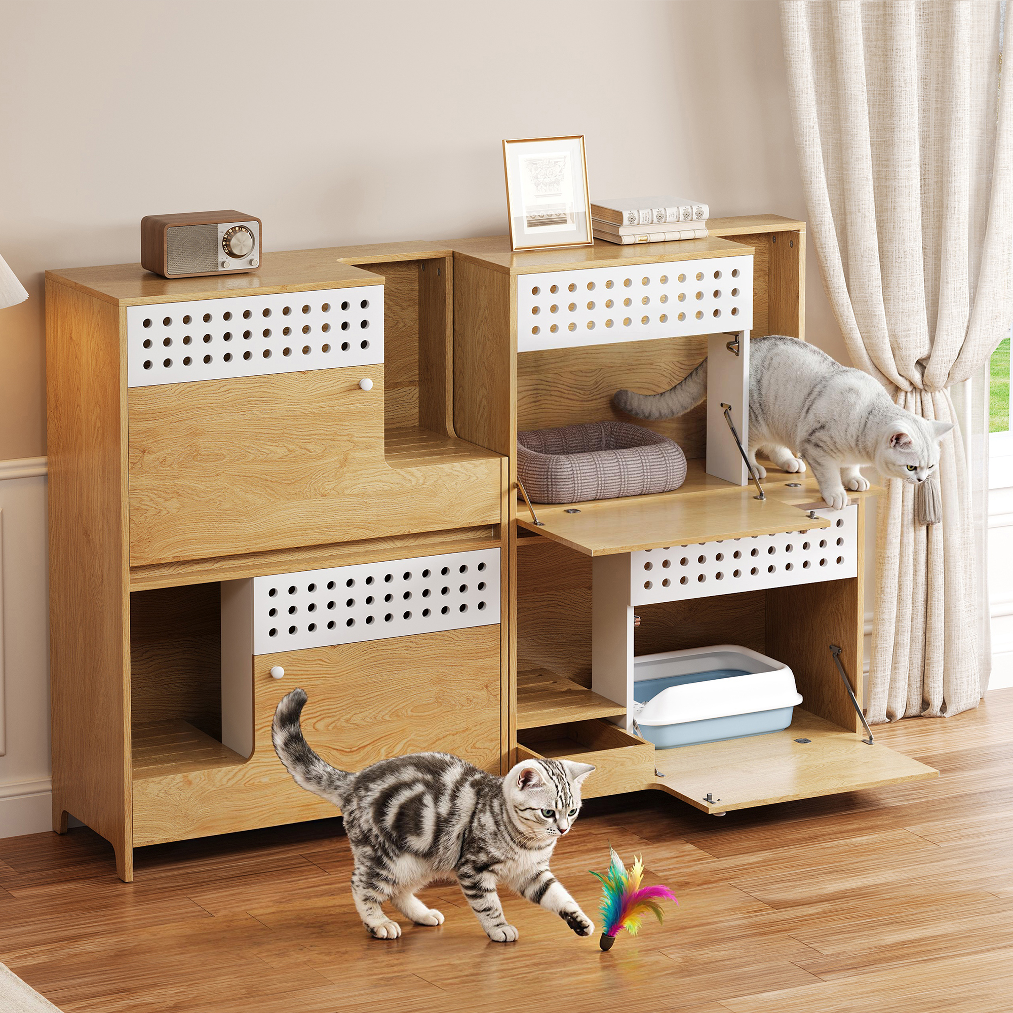 2-Piece Modern 2 IN 1 Cat Furniture Set, Cat Litter Box Enclosure Side Table, Cat House With Storage, For 2 Small-Medium Sized Cats - NATURAL — imagen 1