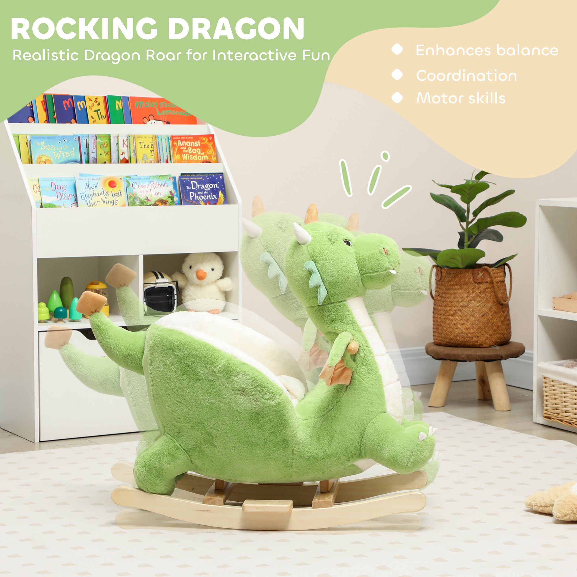 Baby Rocking Horse, Kids Ride On Dragon Toy with Realistic Dragon Roar and Safety Belt for Kids 18–36 Months, Green — image 3